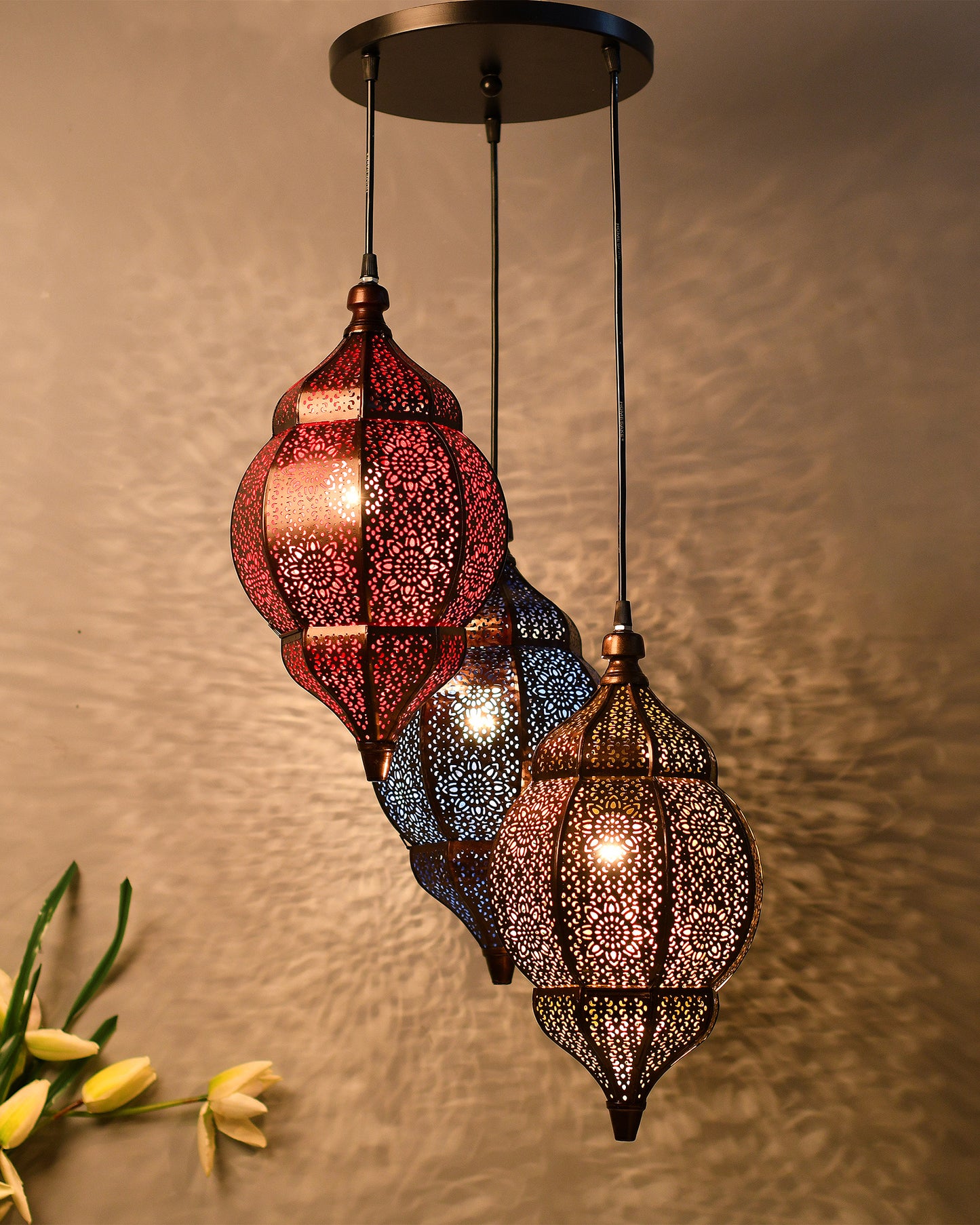 3-Lights Round Cluster Chandelier Ceiling Multicolor Classic Moroccan Orb Hanging Pendant Light with Braided Cord, URBAN Retro, Nordic Style, LED/Filament Bulb