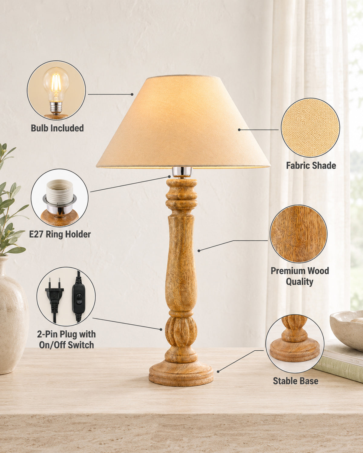 Classic Victorian Natural Wood Table Lamp With Shade