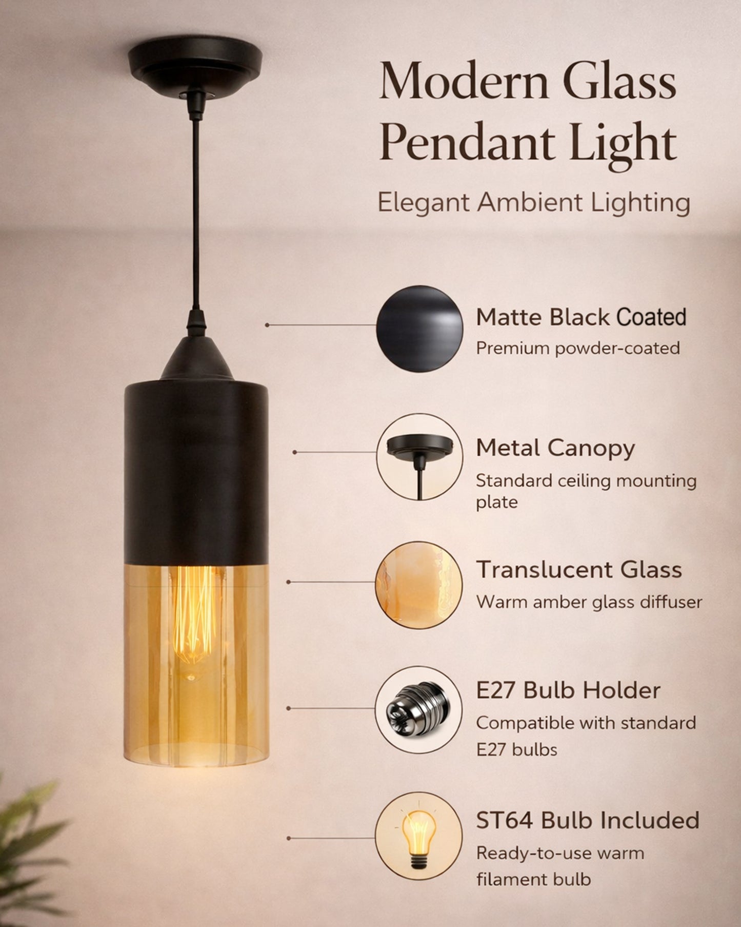 Glass Tube Pendant Light Loft Bar Counter Dining Room Ceiling Hanging Lamp, E27