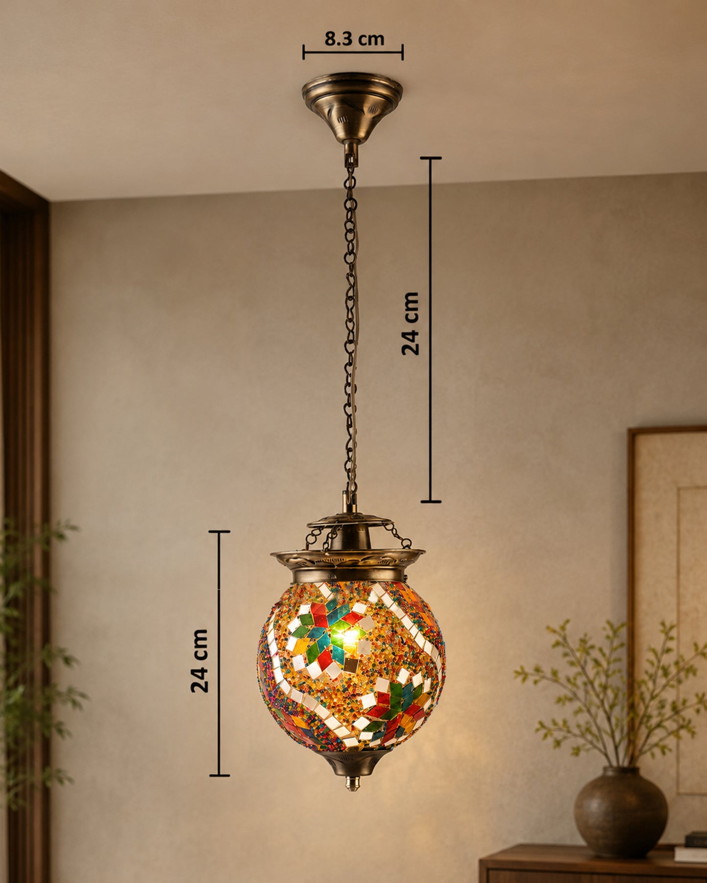 AntiqueTurkish Moroccan Mosaic Pendant with Metal hangings, Ceiling Hanging Light