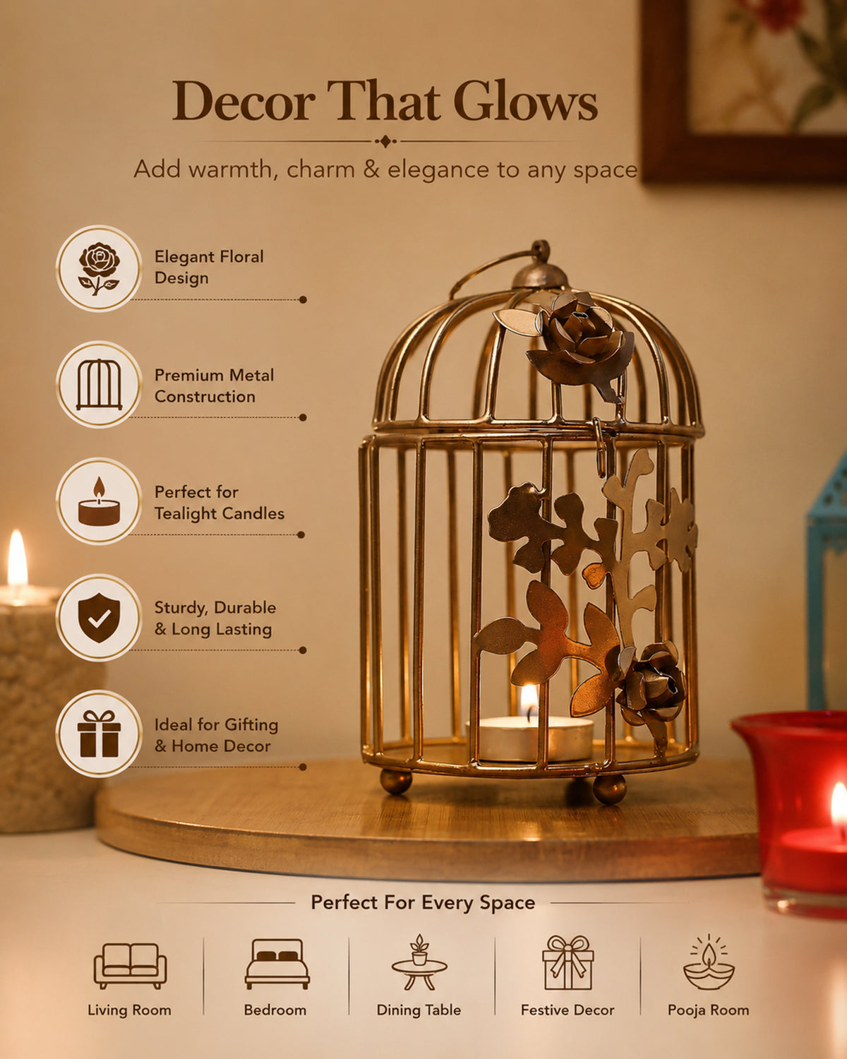 Table Decor Metal Bird Cage Light Antique Diwali Showpieces for Home Decor tealight candle holders | Tea Light Holder with Flower Vine Antique Lantern Candlestick Holders for Home, Living Room, Mandir Decoration