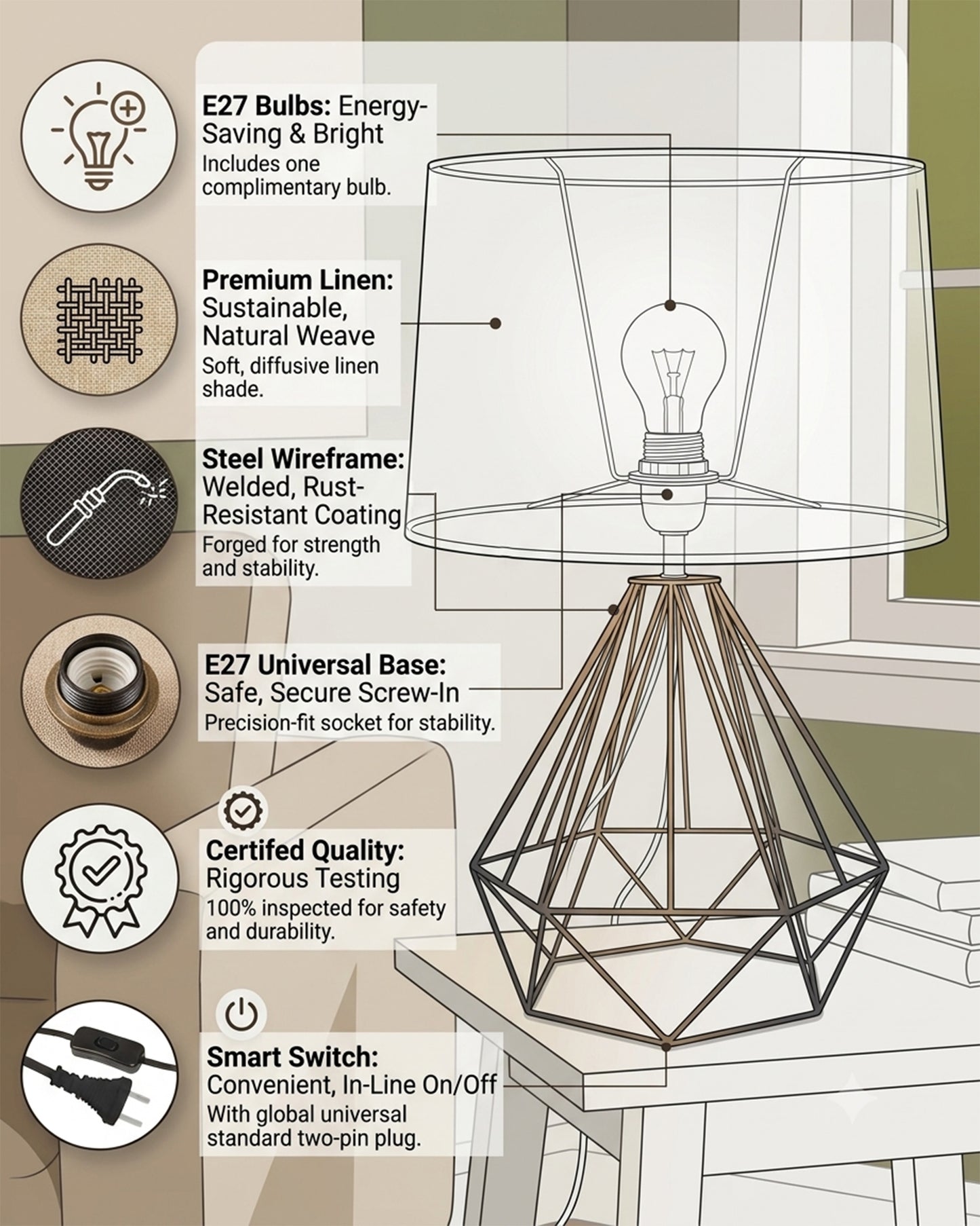 Modern Farmhouse Metal Diamond Desk Table Lamp with Light Bulb Decorative Bed Table Side Matt Black Light
