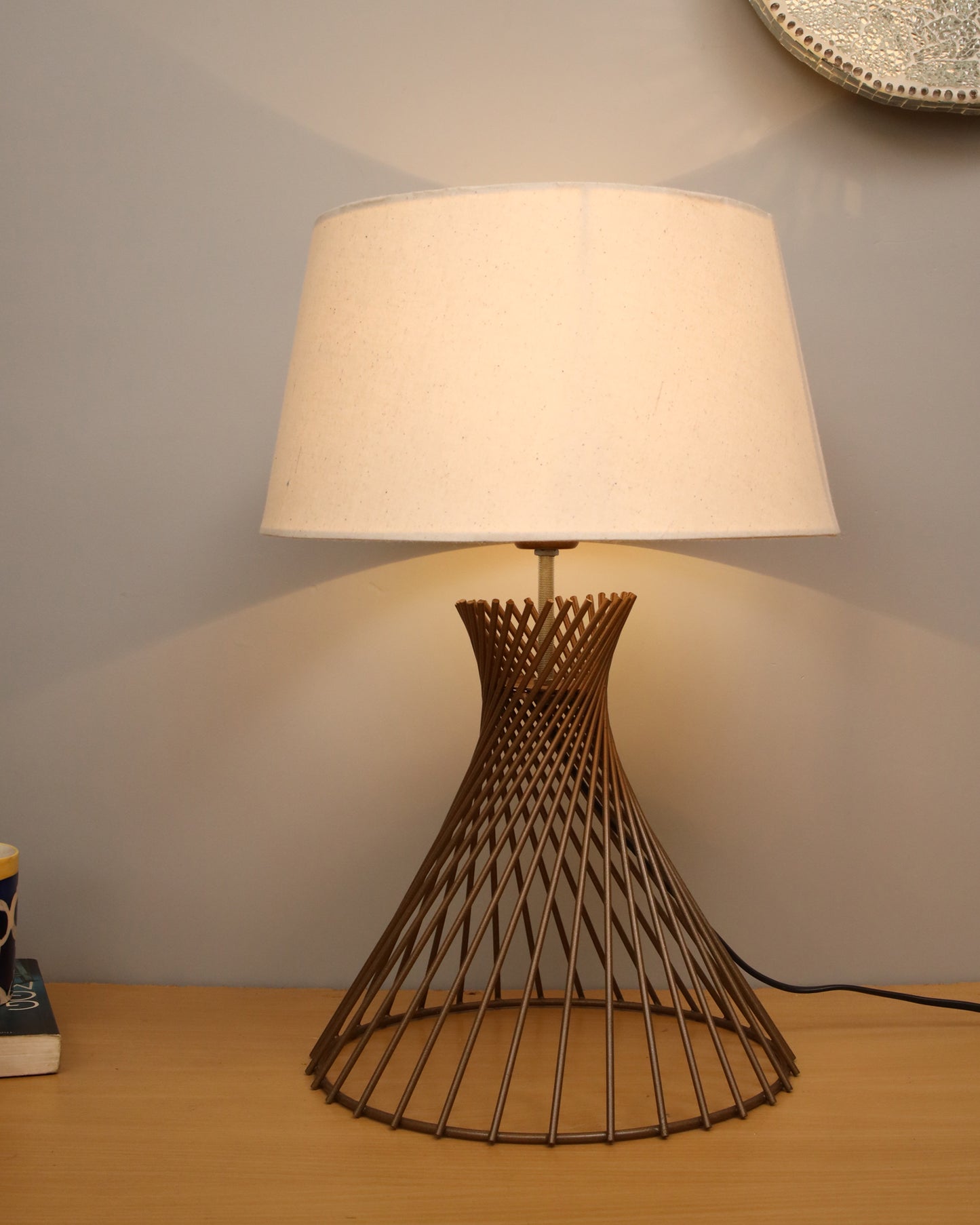Modern Table Lamps, Spiral Metal Wire Golden Base with Fabric Lampshade for Home Office Cafe Restaurant