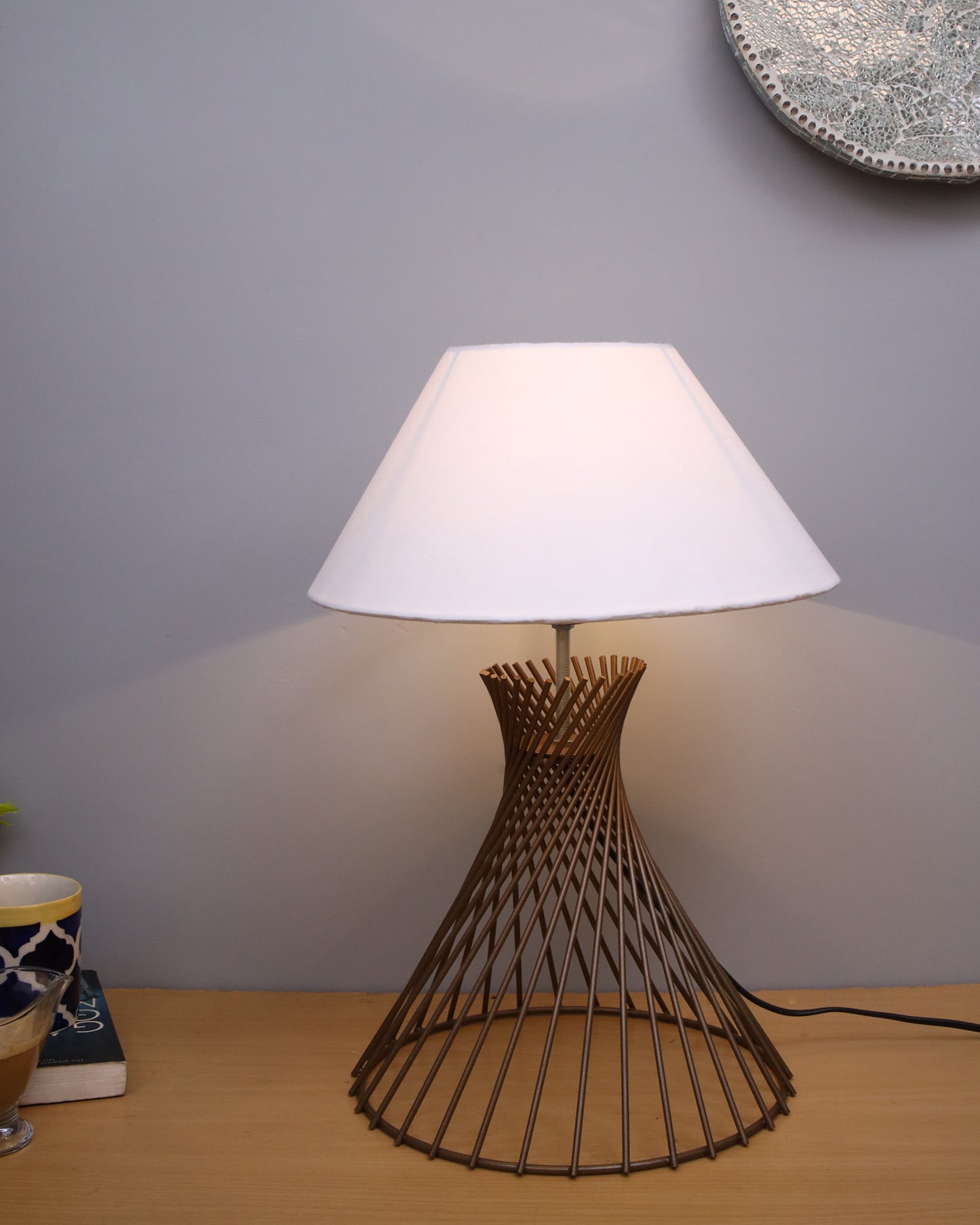 Modern Table Lamps, Spiral Metal Wire Golden Base with Fabric Lampshade for Home Office Cafe Restaurant
