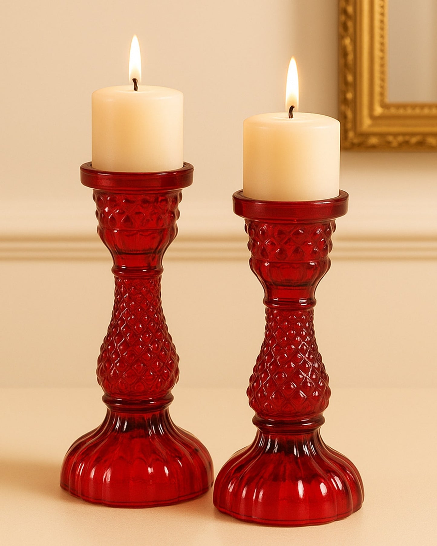 Solid Glass Candle Stand Carved Set of 2 (Solid)