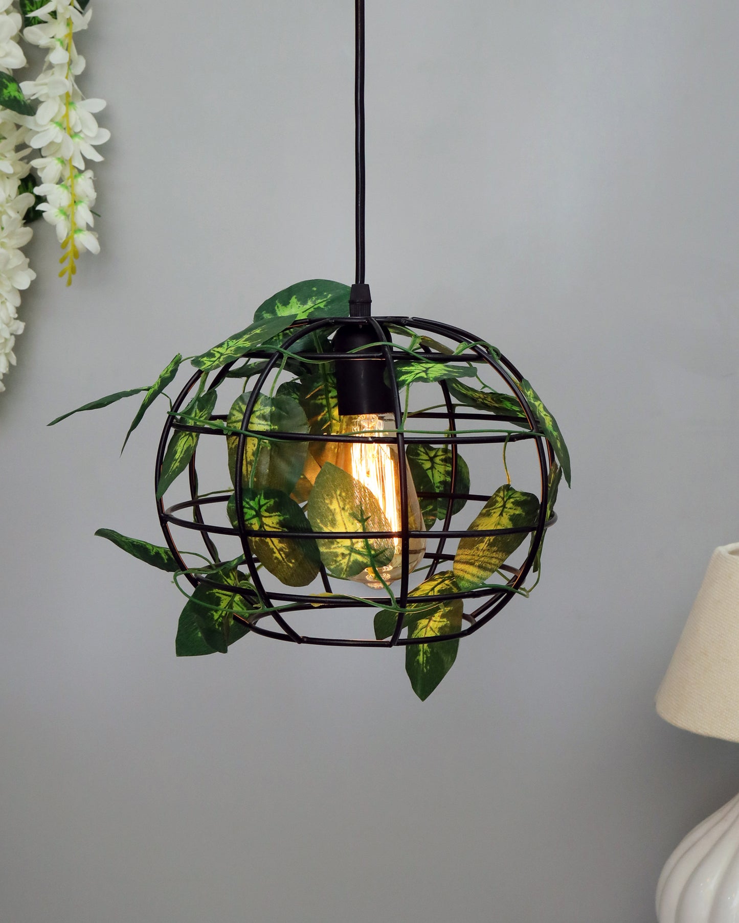 Hanging Pendant Plant Light Fixtures Creative Home Decor Living Room Dining, Ceiling light with leafy vine and filament bulb, Sphere