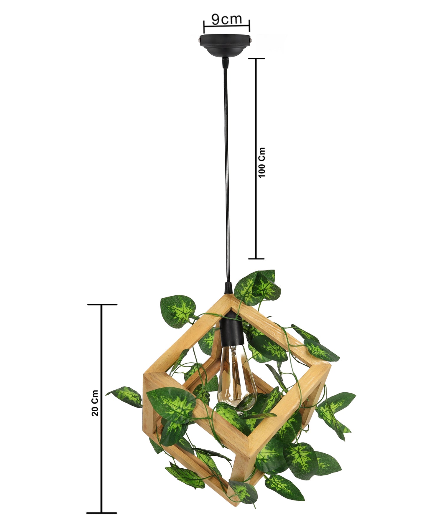 Hanging Pendant Plant Light Fixtures Creative Home Decor Living Room Dining, Ceiling light with leafy vine and filament bulb, Natural Wood Cube