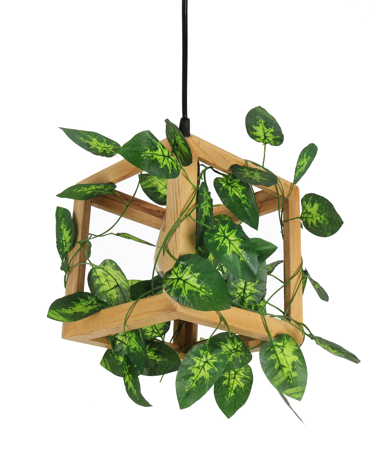Hanging Pendant Plant Light Fixtures Creative Home Decor Living Room Dining, Ceiling light with leafy vine and filament bulb, Natural Wood Cube
