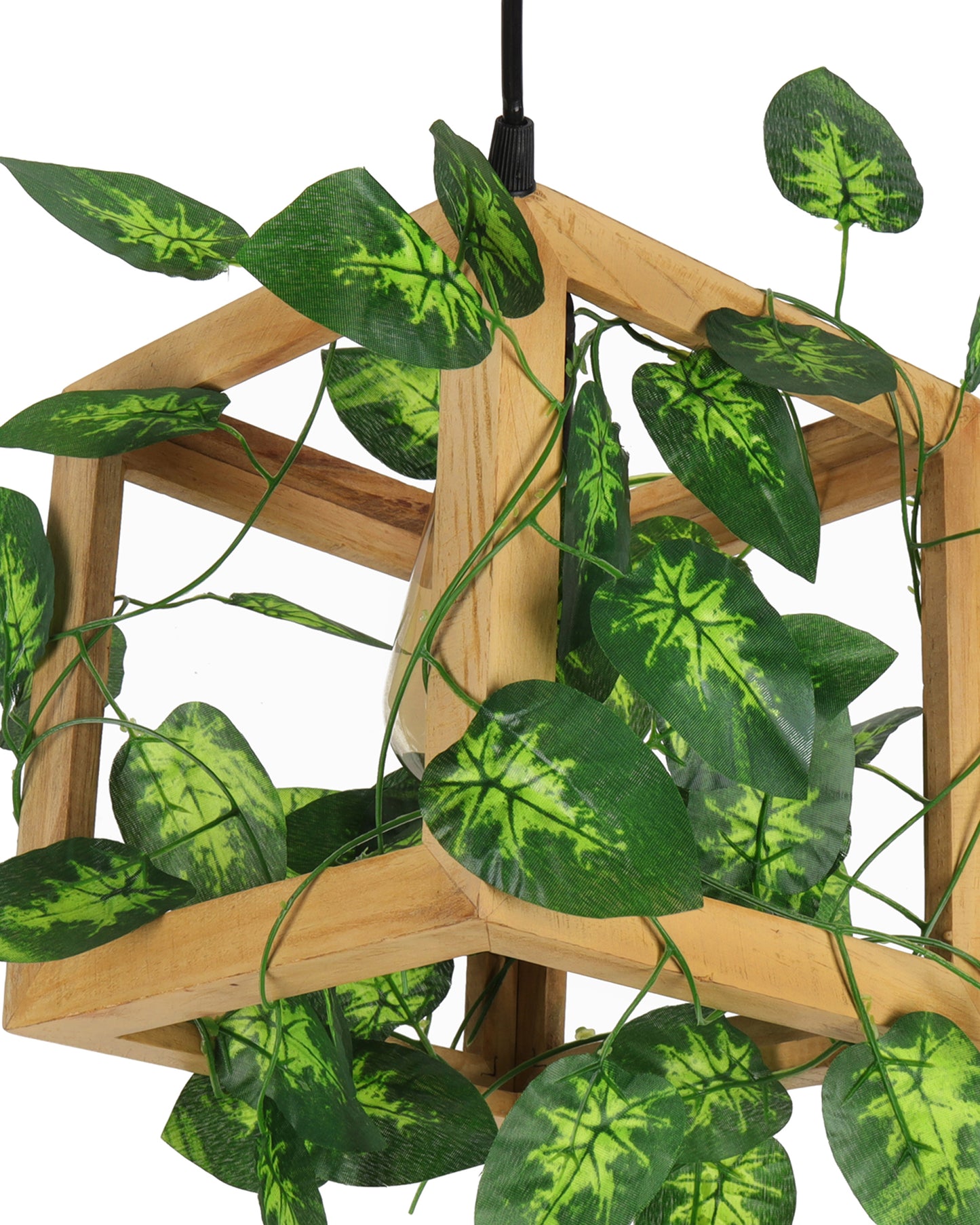 Hanging Pendant Plant Light Fixtures Creative Home Decor Living Room Dining, Ceiling light with leafy vine and filament bulb, Natural Wood Cube