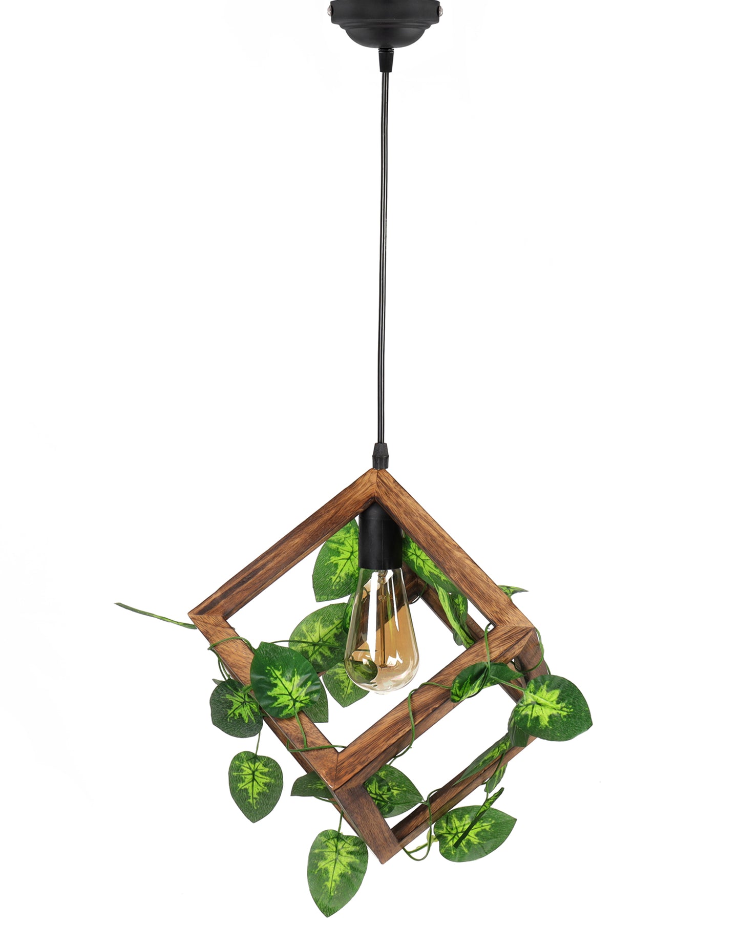 Hanging Pendant Plant Light Fixtures Creative Home Decor Living Room Dining, Ceiling light with leafy vine and filament bulb, Antique Wood Cube