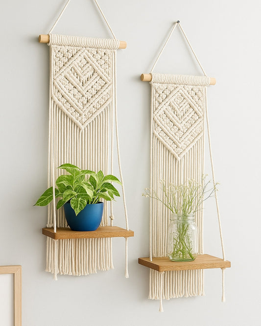 Macrame Wall Hanging Shelf Woven Home Decor Wood Floating Storage Shelf Bohemian Handmade Cotton Rope,Living Room, Balcony, Garden, Set of 2, Size 69 x 20cm