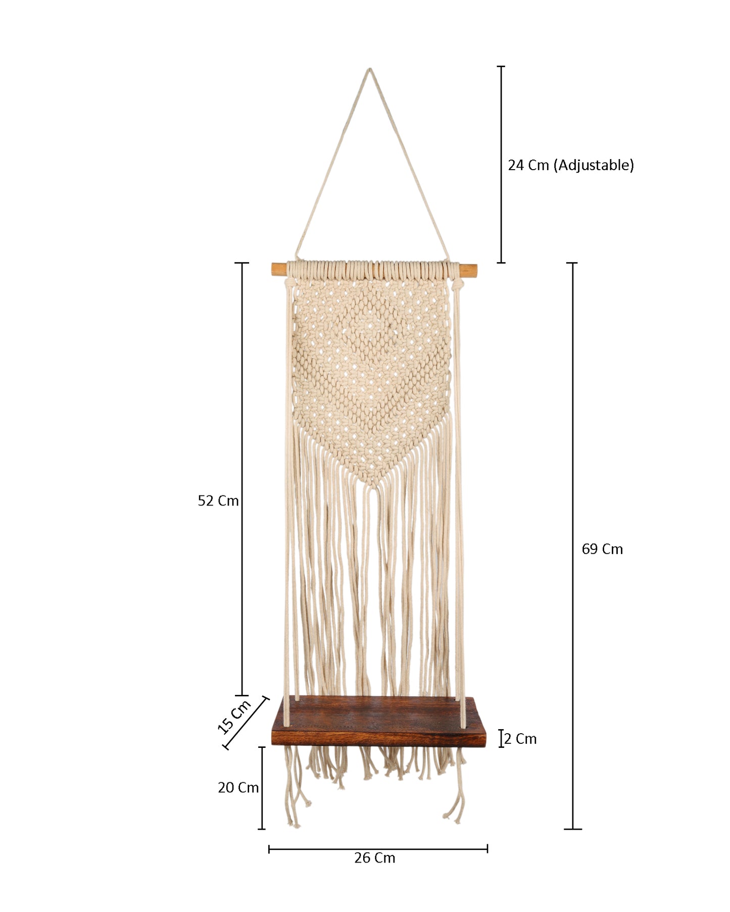 Macrame Wall Hanging Shelf Woven Home Decor Pine Wood Floating Storage Shelf Bohemian Handmade Cotton Rope,Living Room, Balcony, Garden, Set of 2, Size 69 x 26cm