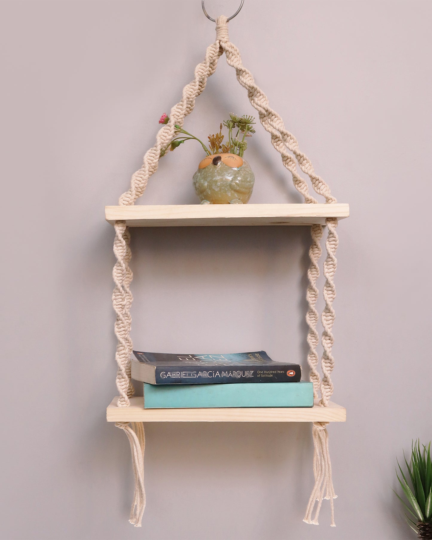 Macrame Wall Hanging Shelf Woven Home Decor Pine Wood Floating Storage Shelf Bohemian Handmade Cotton Rope,Living Room, Balcony, Garden, 2 Tier