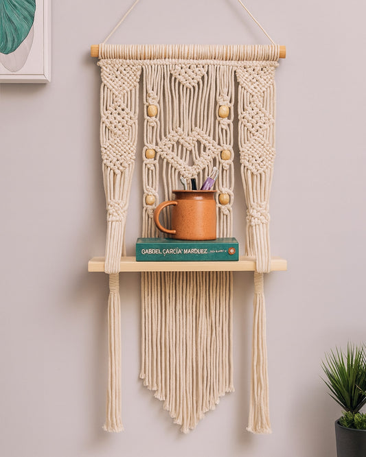 Macrame Wall Hanging Shelf-ideal décor-plants storage bookshelf-Bohemian Decorative Floating Indoor For bedroom kitchen bathroom room with window Plant hanger, Plank