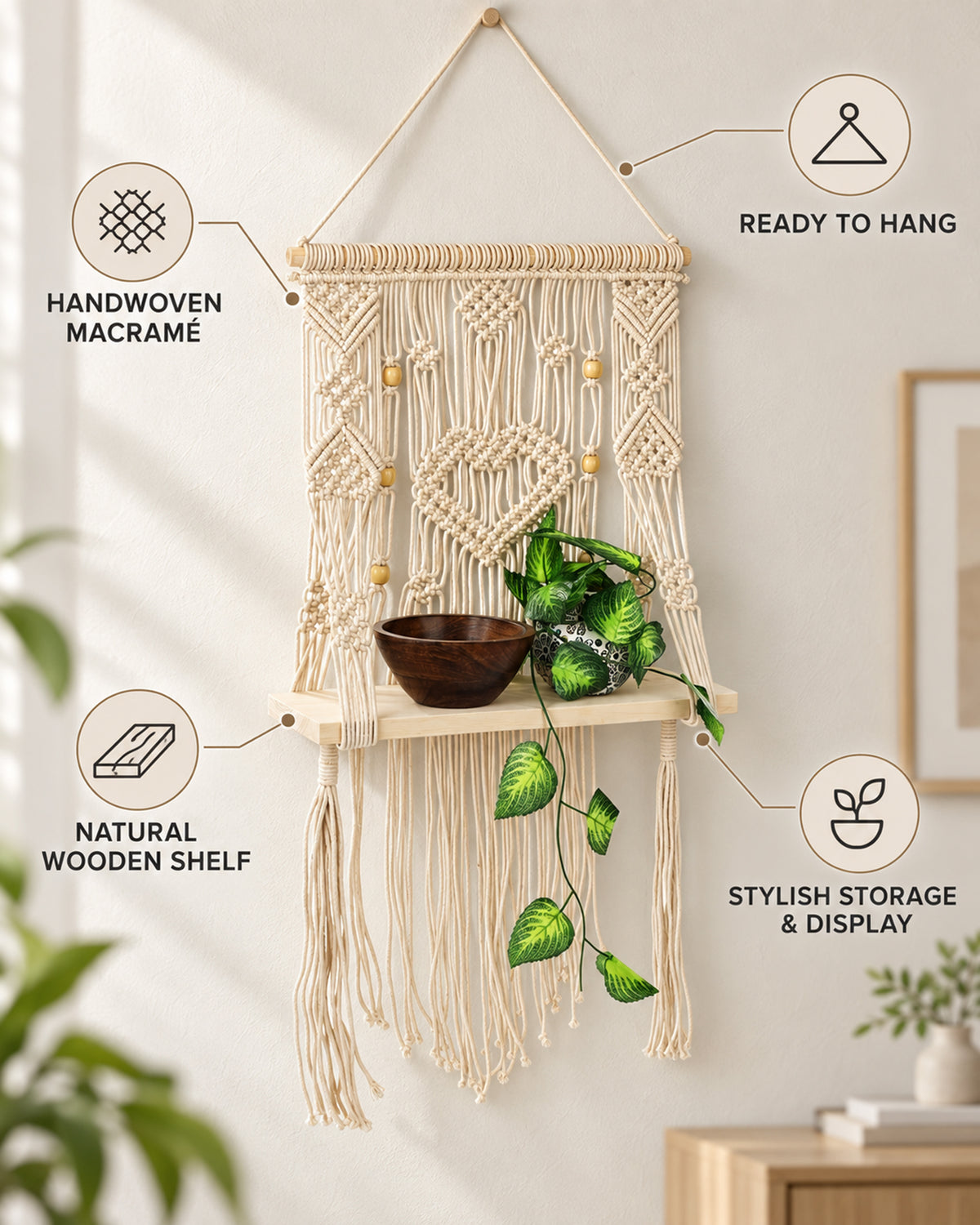 Macrame Wall Hanging Shelf-ideal décor-plants storage bookshelf-Bohemian Decorative Floating Indoor For bedroom kitchen bathroom room with window Plant hanger, Plank
