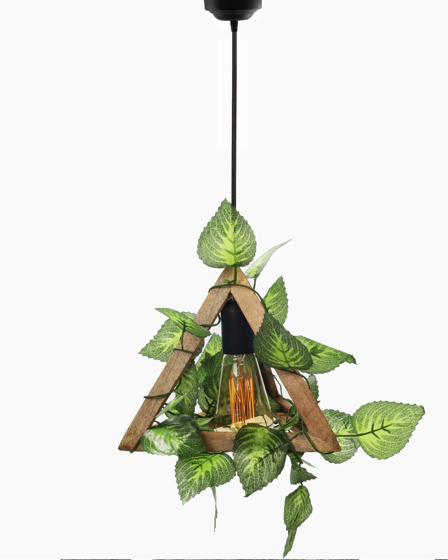 Hanging Pendant Plant Light Fixtures Creative Home Decor Living Room Dining, Ceiling light with leafy vine and filament bulb, Natural Wood Triangle