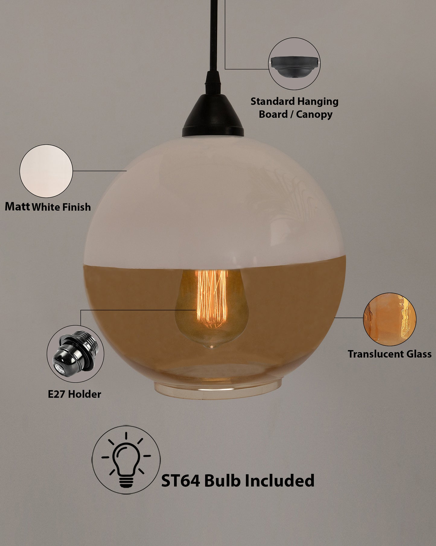 Glass Pendant Light White Loft Bar Counter Dining Room Creative LED/Filament Ceiling Hanging Lamp, E27, Sphere, White