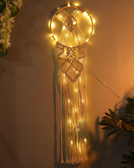 Macrame Wall Hanging Dream Catcher with String Light, Large Handmade Crochet Decor for Bedroom, Home Decor for Apartment Living Room Bedroom Baby Nursery Dorm