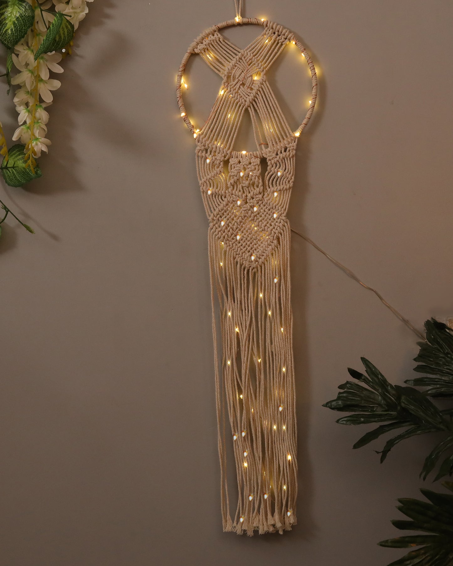 Macrame Wall Hanging Dream Catcher with String Light, Large Handmade Crochet Decor for Bedroom, Home Decor for Apartment Living Room Bedroom Baby Nursery Dorm