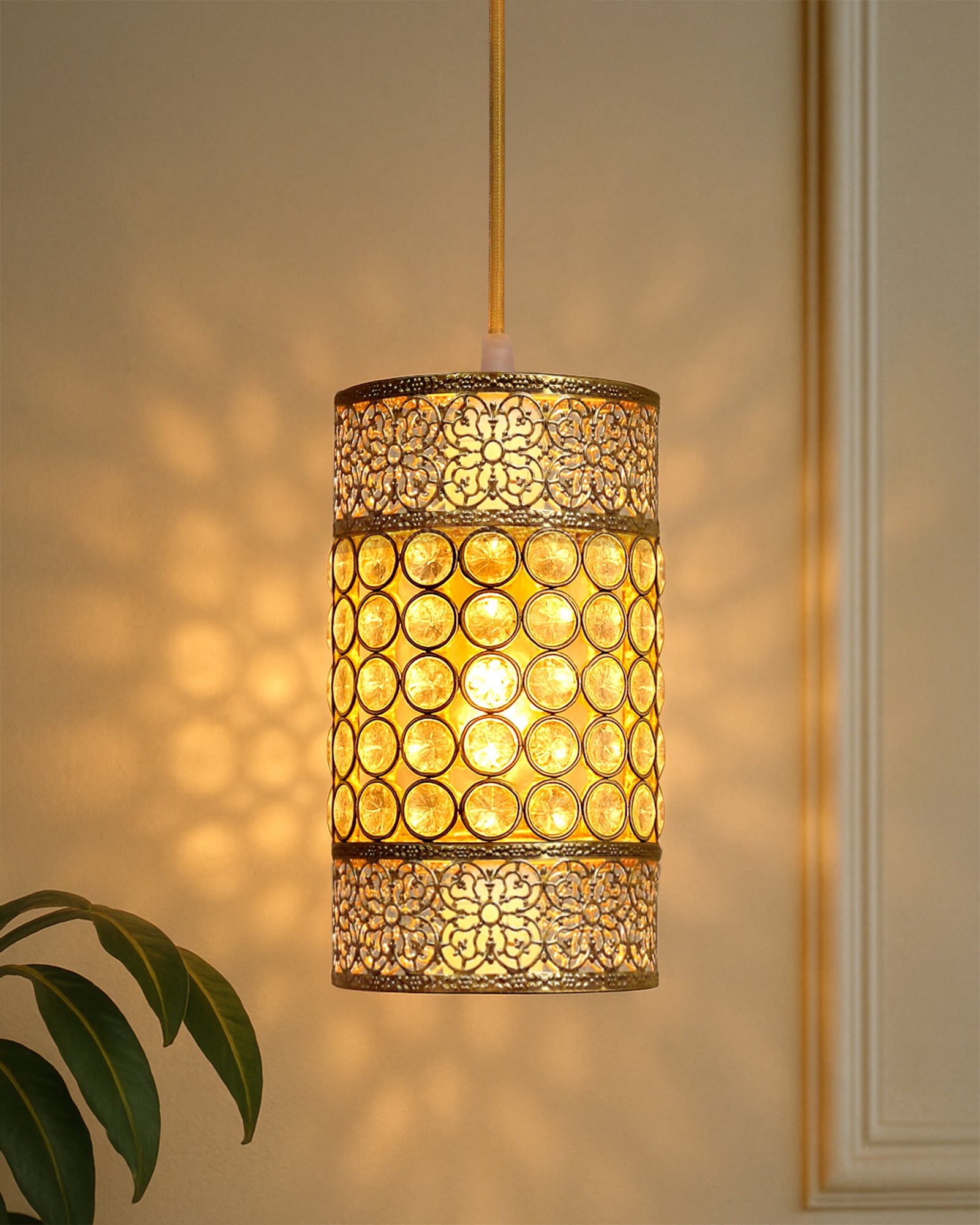 Hanging golden crystal pendant light, Classic Floral Adjustable Pendant Light Fixture for Kitchen Dinning Room Bedroom, Leafy Cylinder