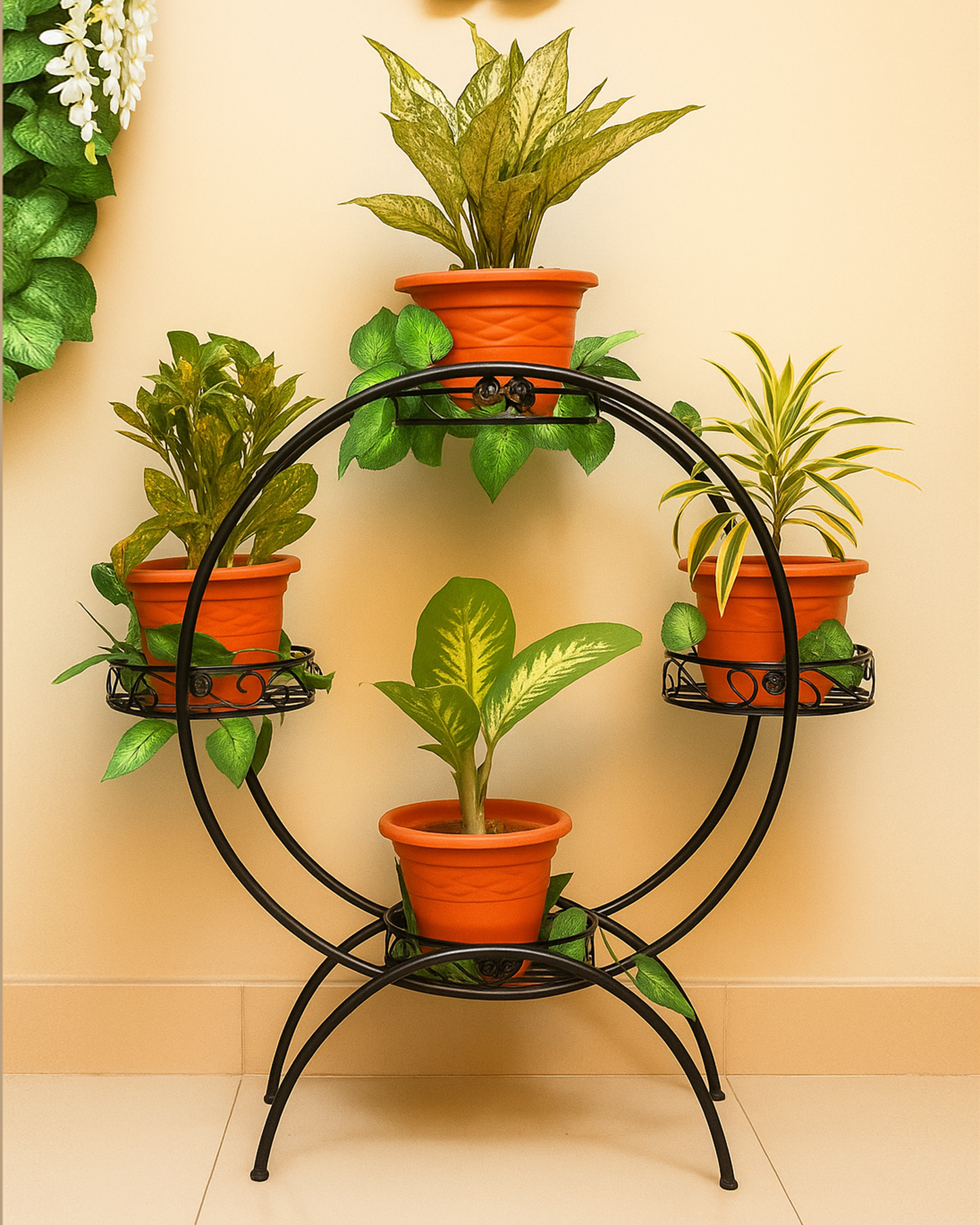 Plant Stand Metal Flower Holder Racks with 4 Tier Garden Decoration Planter Rack Shelf Organizer for Indoor Outdoor, Garden Balcony Living Room Office,Round, Black
