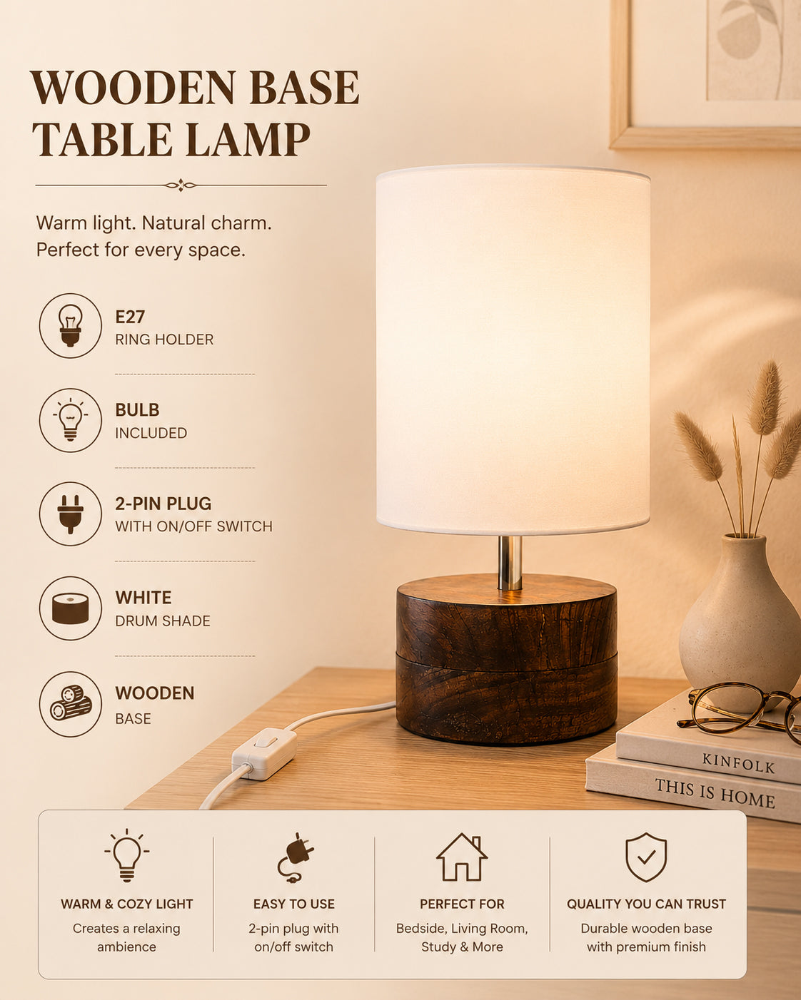 Modern Zen Wooden Lampshade Nightstand Lamps, Antique Base E27 Creative Reading Bedside Lamps Ideal for Bedroom, Cylinder
