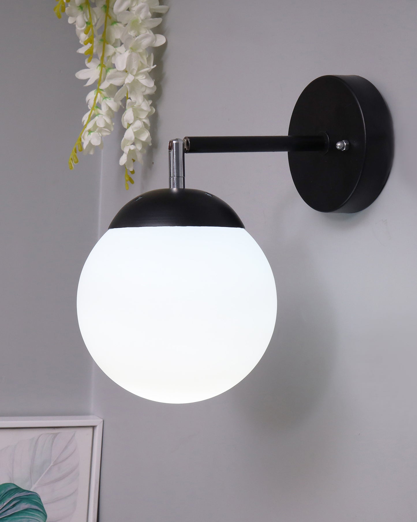 Modern Glass Wall Lamp, Wall Mounted Sconces,Mid-Century Bedroom Bedside 180 degree Movement Light Matt black, Single Globe