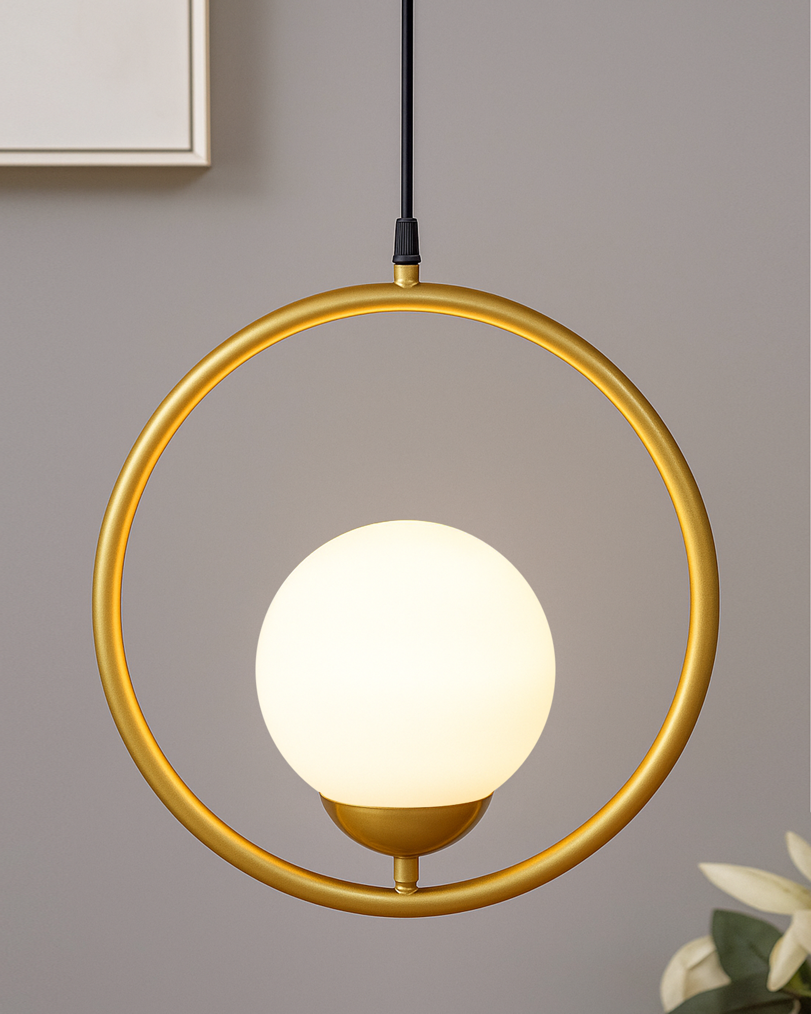 Mid Century Modern Light Chandelier Lighting, White Frosted Glass Globe Lampshade Pendant Indoor Hanging Light Fixture, Golden Round