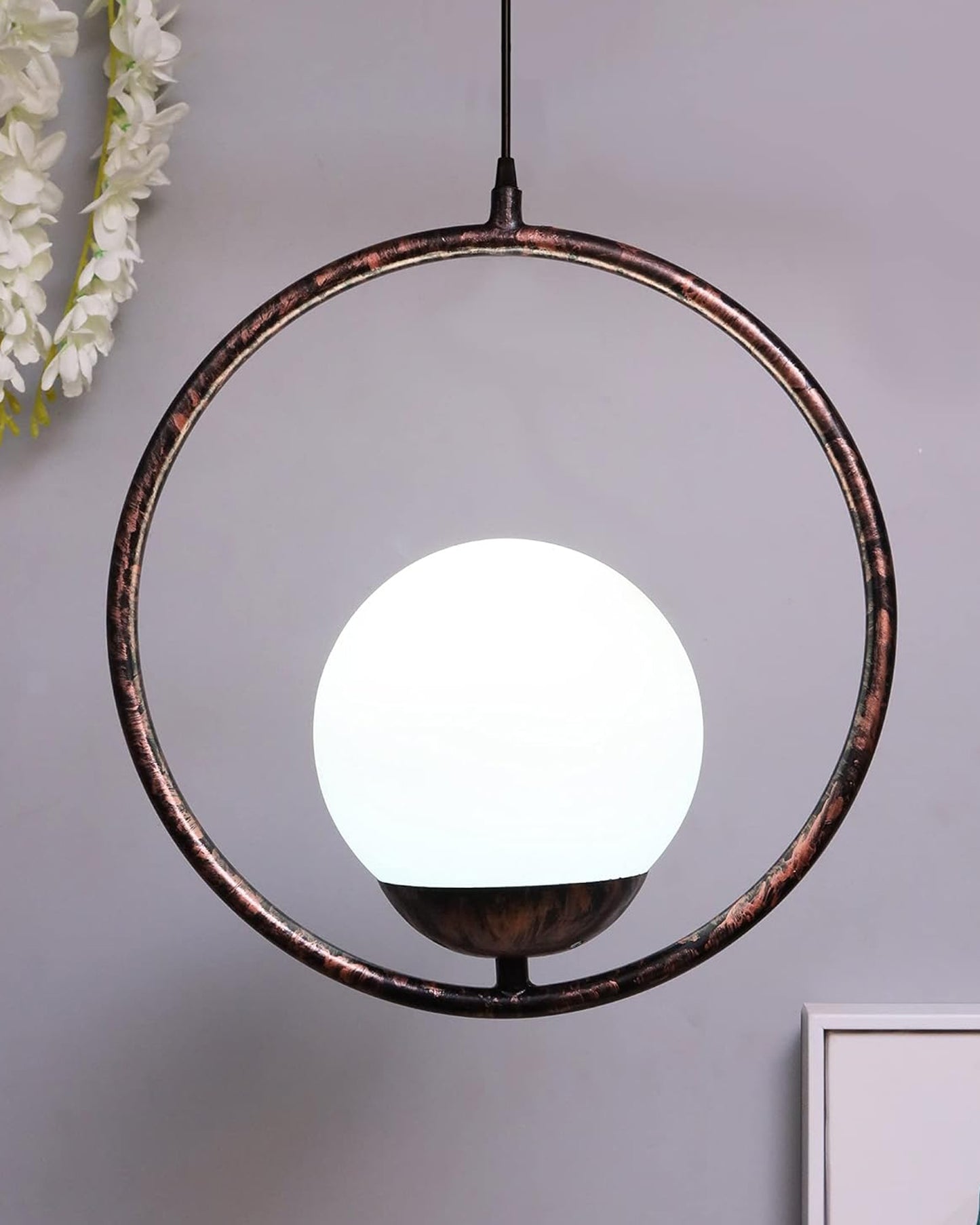 Mid Century Modern Light Chandelier Lighting, White Frosted Glass Globe Lampshade Pendant Indoor Hanging Light Fixture, Rubbed Bronze Round