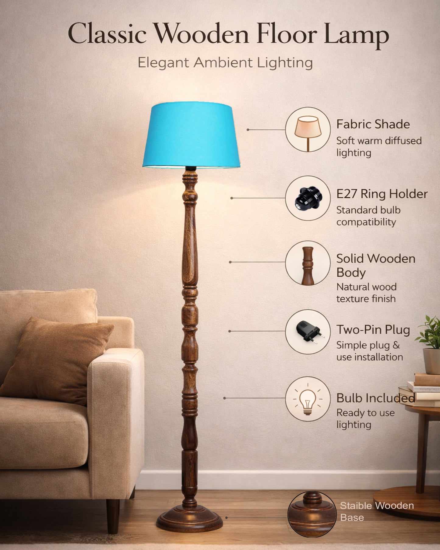 Classic Rustic Eclipse Black Finish Wooden Floor Lamp with Shade