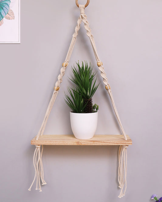 Handmade Rectangular Macrame Hanging Shelf Rustic Boho 1 Tier Shelf Wall Hanging Wooden Shelves Perfect for Living Room Bedroom Kitchen Bathroom