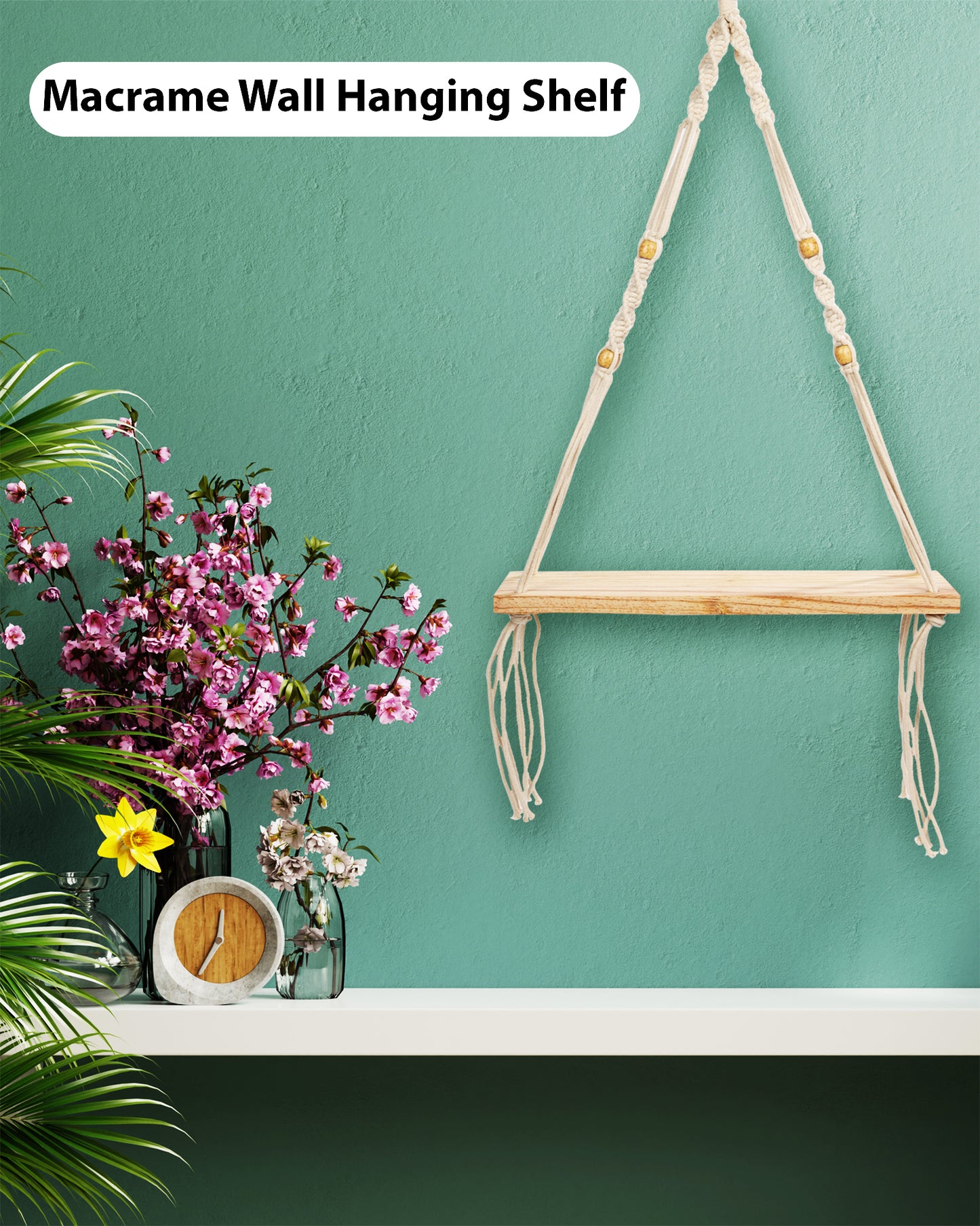 Handmade Rectangular Macrame Hanging Shelf Rustic Boho 1 Tier Shelf Wall Hanging Wooden Shelves Perfect for Living Room Bedroom Kitchen Bathroom