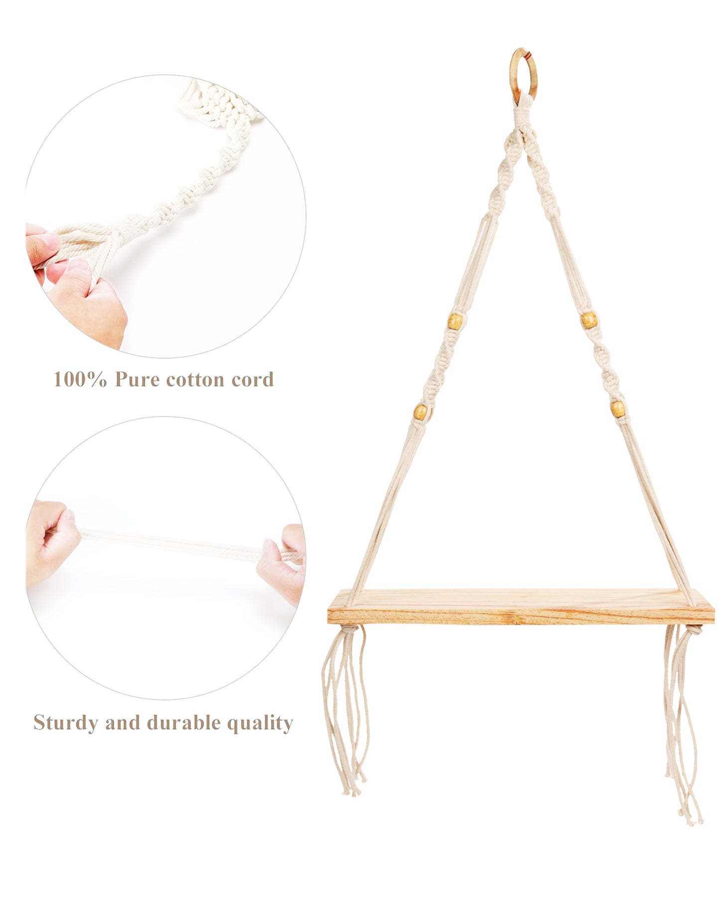 Handmade Rectangular Macrame Hanging Shelf Rustic Boho 1 Tier Shelf Wall Hanging Wooden Shelves Perfect for Living Room Bedroom Kitchen Bathroom