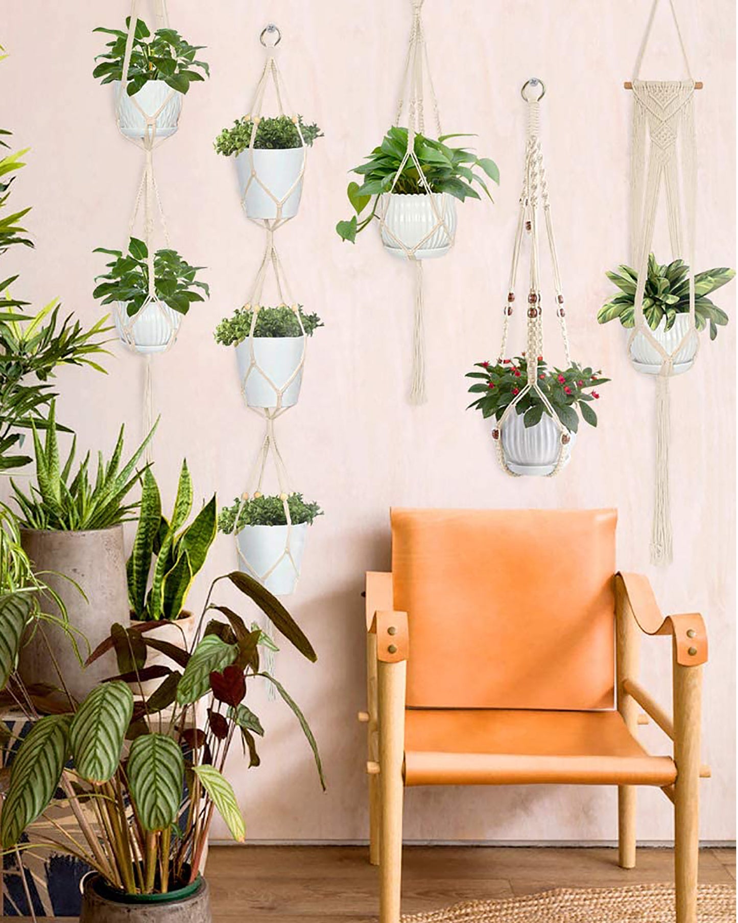 5-Pack Macrame Plant Hangers with Hooks, Different Layers, Handmade Cotton Rope Hanging Planters Set Flower Pots Holder Stand, for Indoor Outdoor Boho Home Decor, set of 5