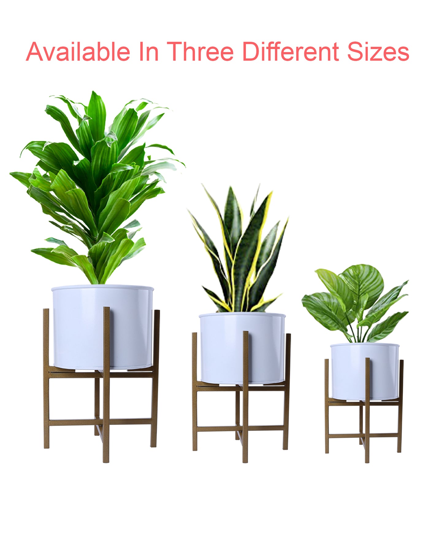 Mid Century Planters with Metal Stand (Set of 3) - Modern Decorative Plant Pot and Flower Holder with Iron Stand for Corner Display- Indoor Plant Stand for Home Decor, Golden