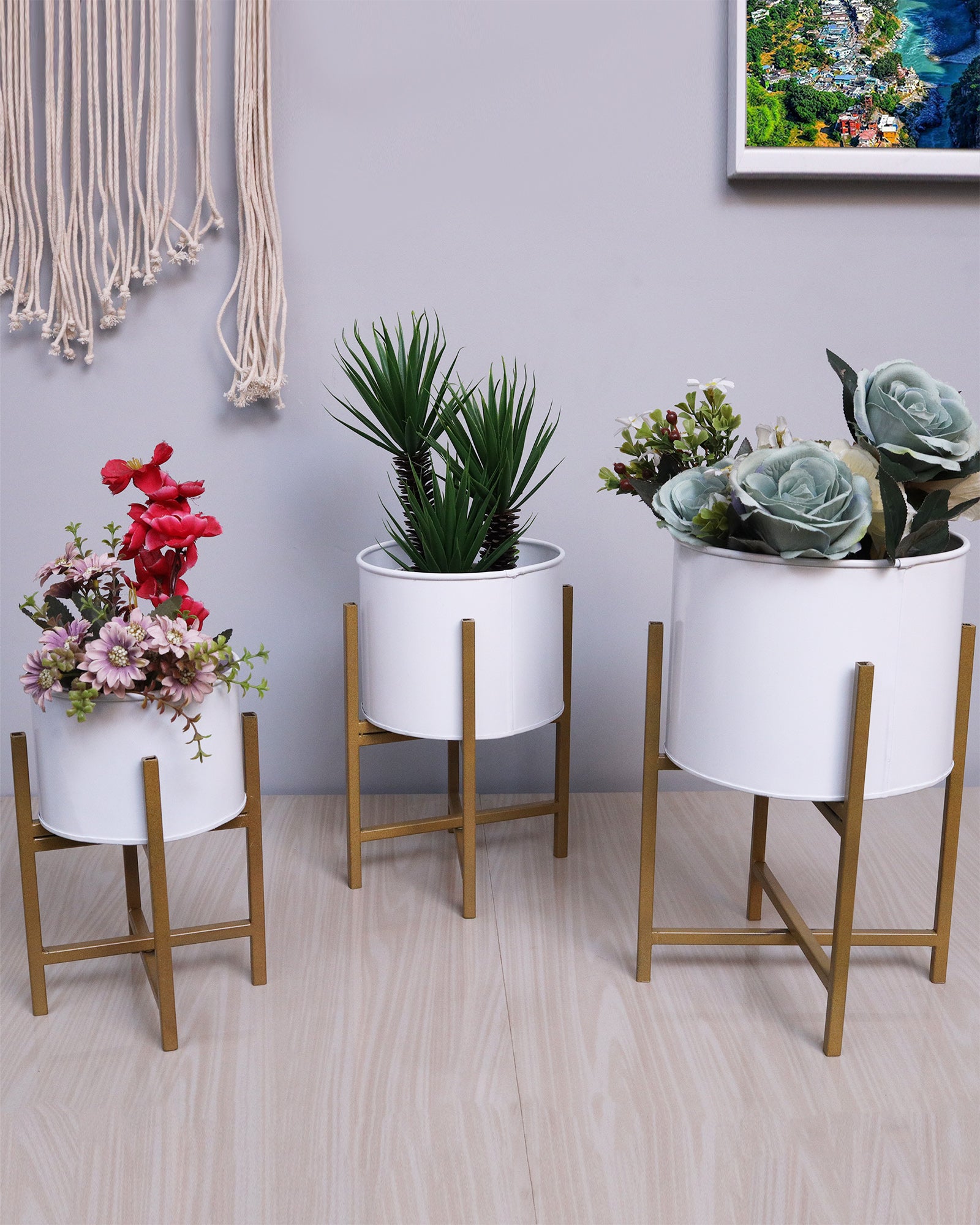 home decor plant pots Mid Century Planters with Metal Stand (Set of 3)