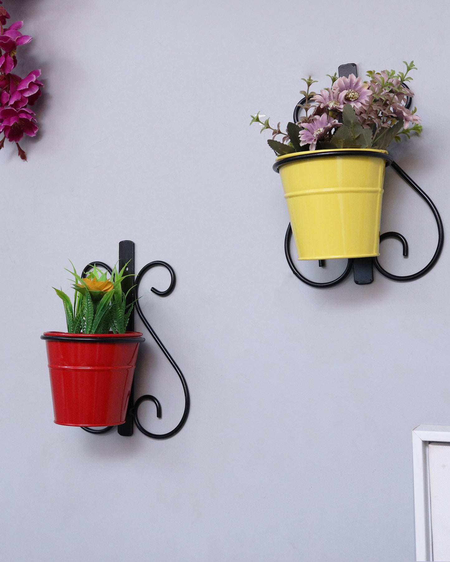 Wall Scone Metal Wall Planters Pot for Indoor Plants with Holder (Set of 2, Galvanized Iron Buckets) - Wall Mounted Planters with Stand Vertical Containers Balcony Decoration Garden Décor