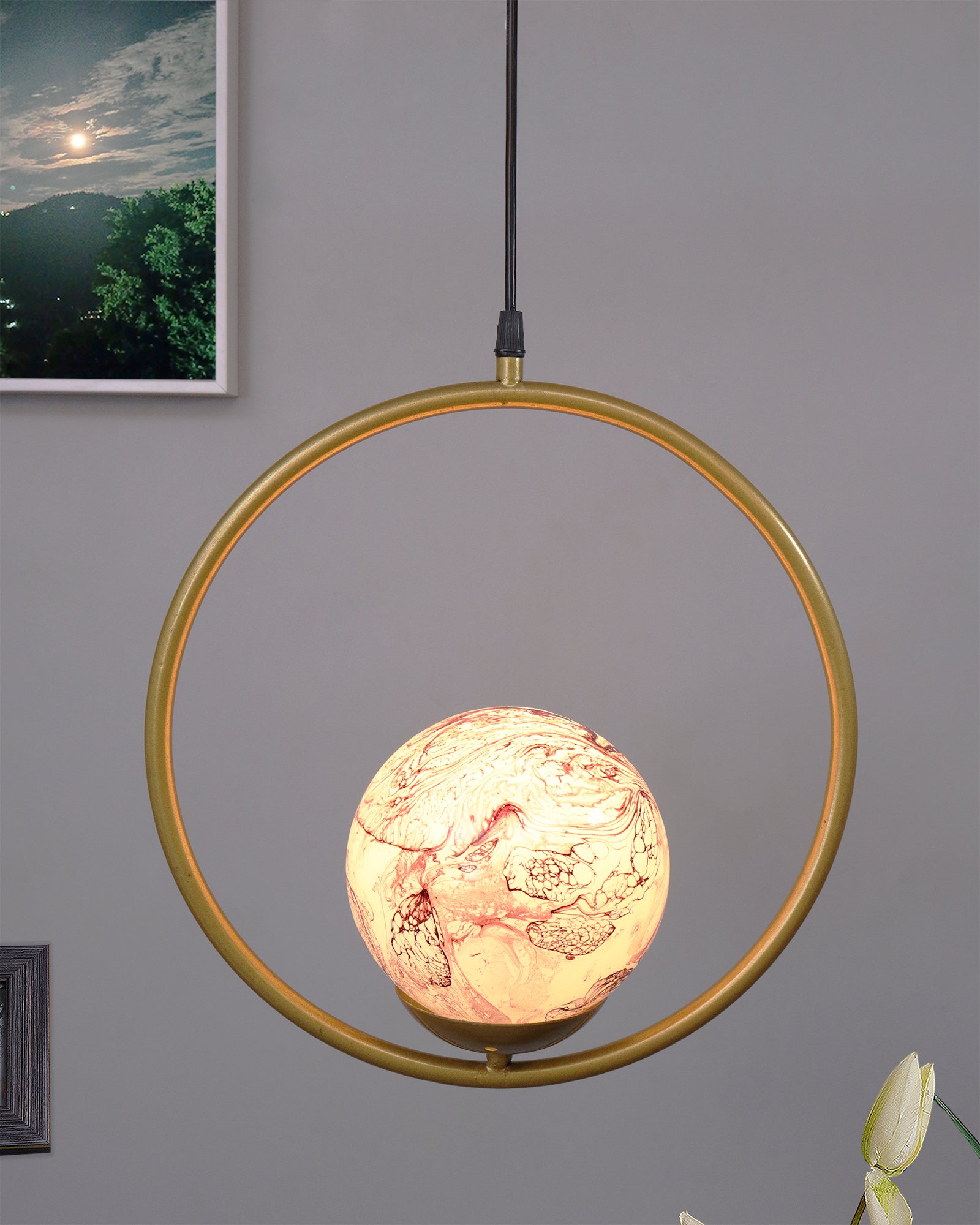 Mid Century Modern Golden Light Chandelier Planet Series Frosted Glass Globe Lampshade Pendant Indoor Hanging Light Fixture, Round
