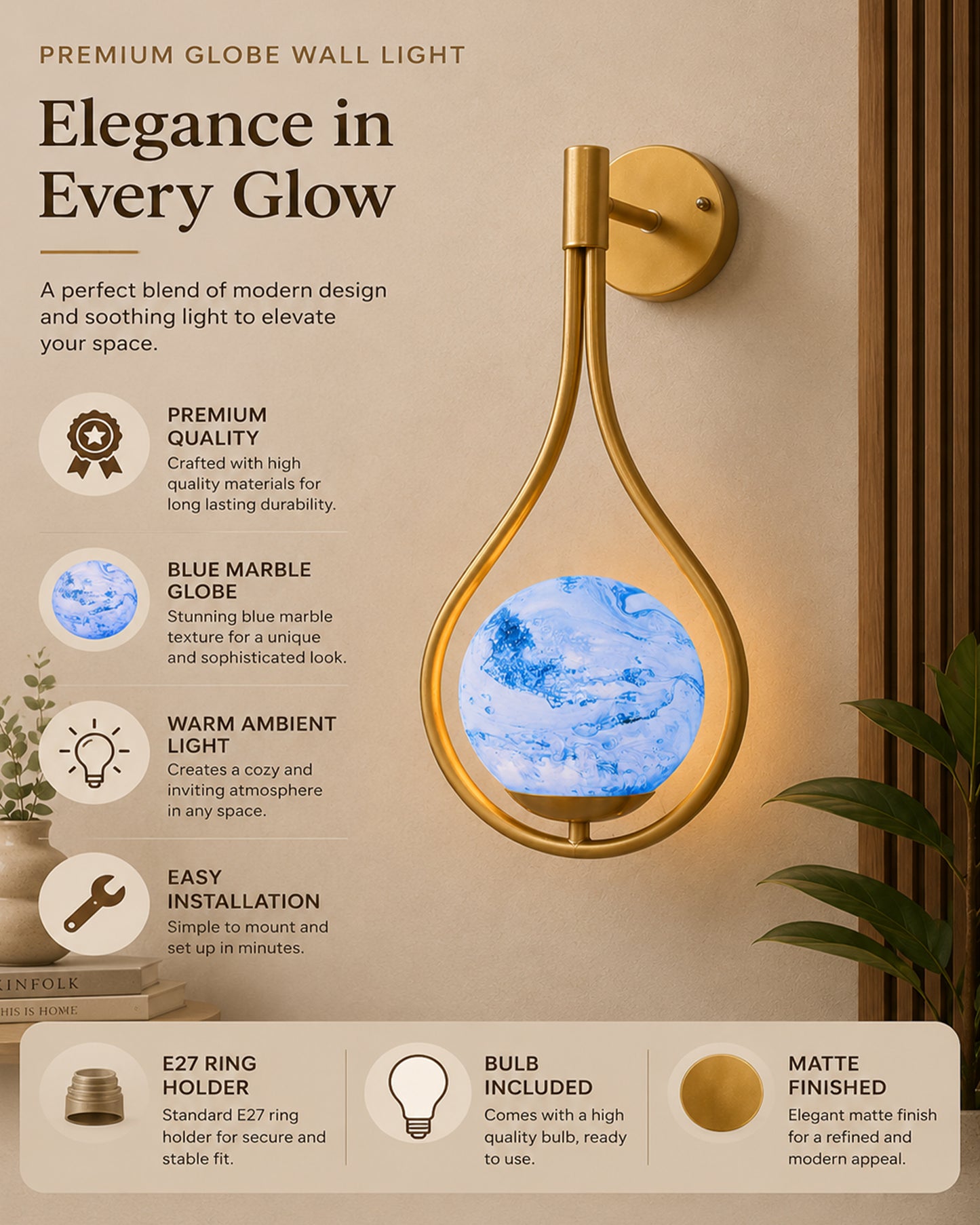 Mid Century Modern Golden Light Wall lamp , Planet Series Frosted Glass Globe Lampshade Light Indoor Hanging Light Fixture, Wall Drop