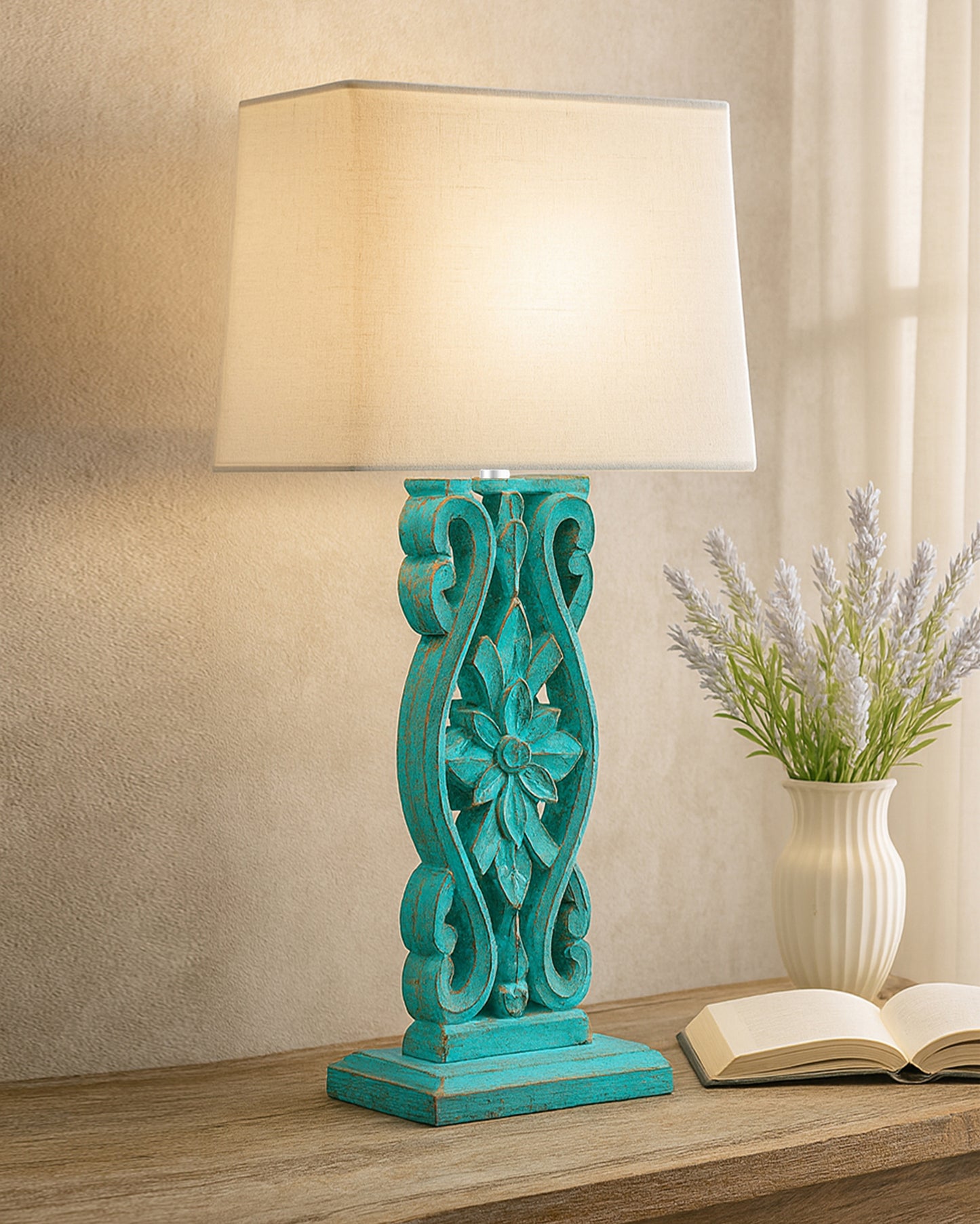 Sculptural Hand Carved Wood Table Lamp with Khadi Square shade