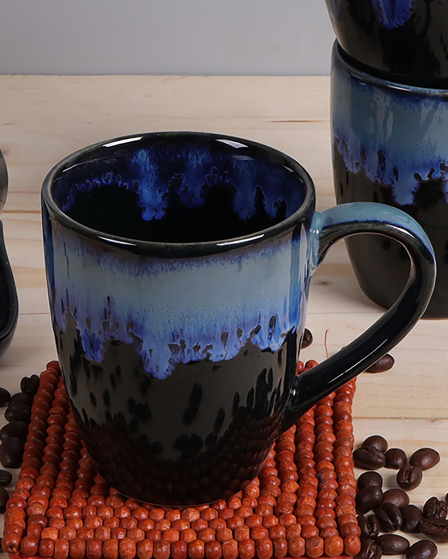 Handmade Irish Coffee Tea & Beer Mugs, Set of Four Altered Glaze latte Cups, tall, Blue Black