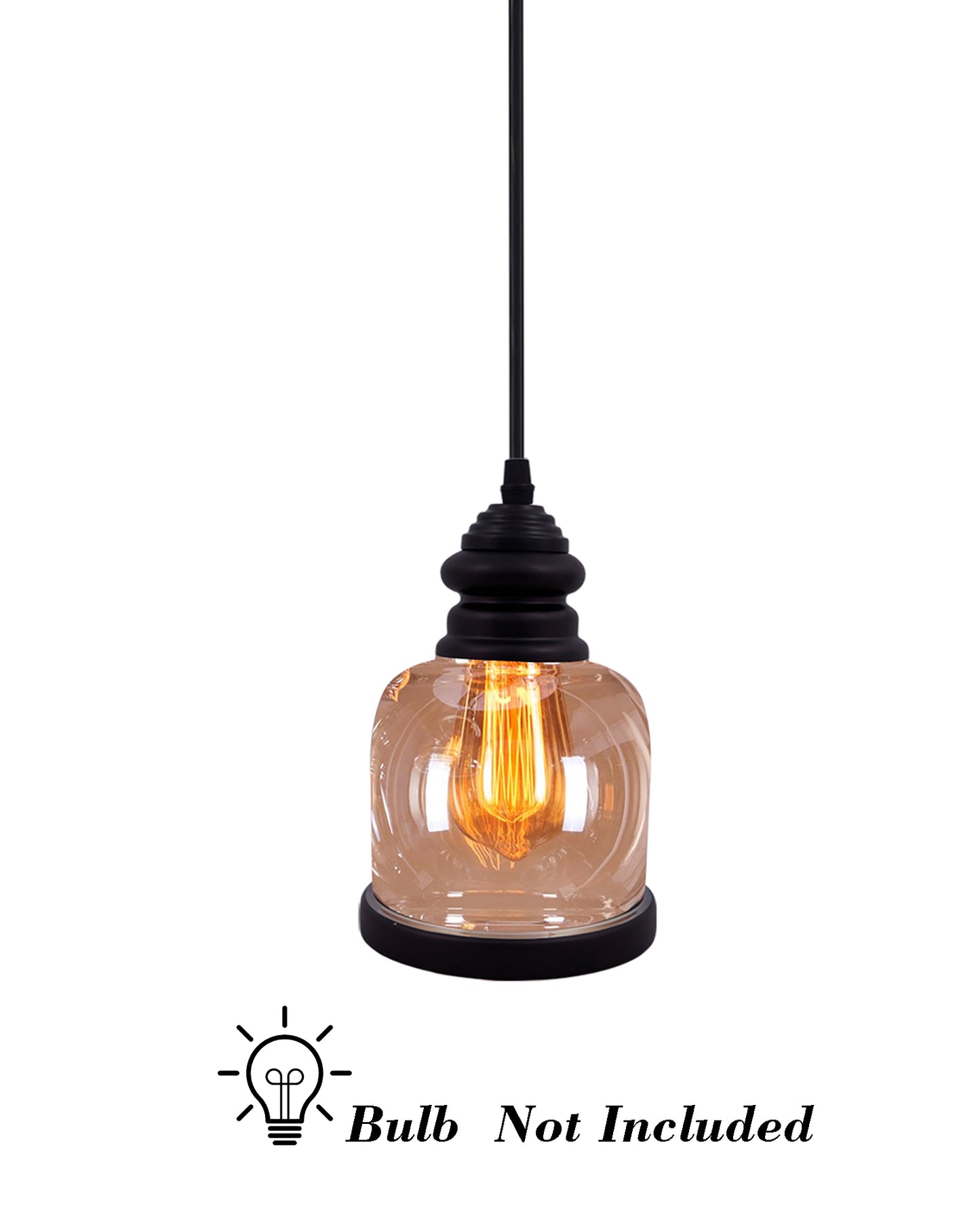 Cylinder Pendant Light with Amber Glass Jar Shade Matte Adjustable Hanging Lighting Fixture, Industrial Antique Pendant Lamp for Kitchen Island, Dining Room, Foyer, Farmhouse