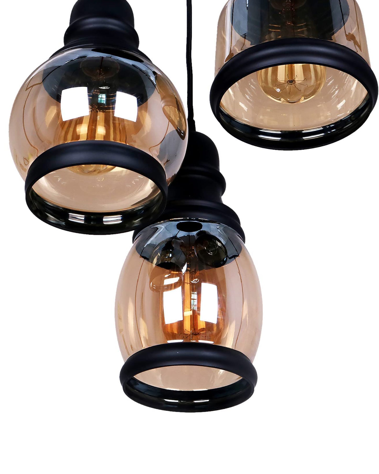 Cluster Pendant Light with Amber Glass Jar Shade Matte Black 3-Lights Adjustable Hanging Lighting Fixture, Industrial Antique Pendant Lamp for Kitchen Island, Dining Room, Foyer, Farmhouse