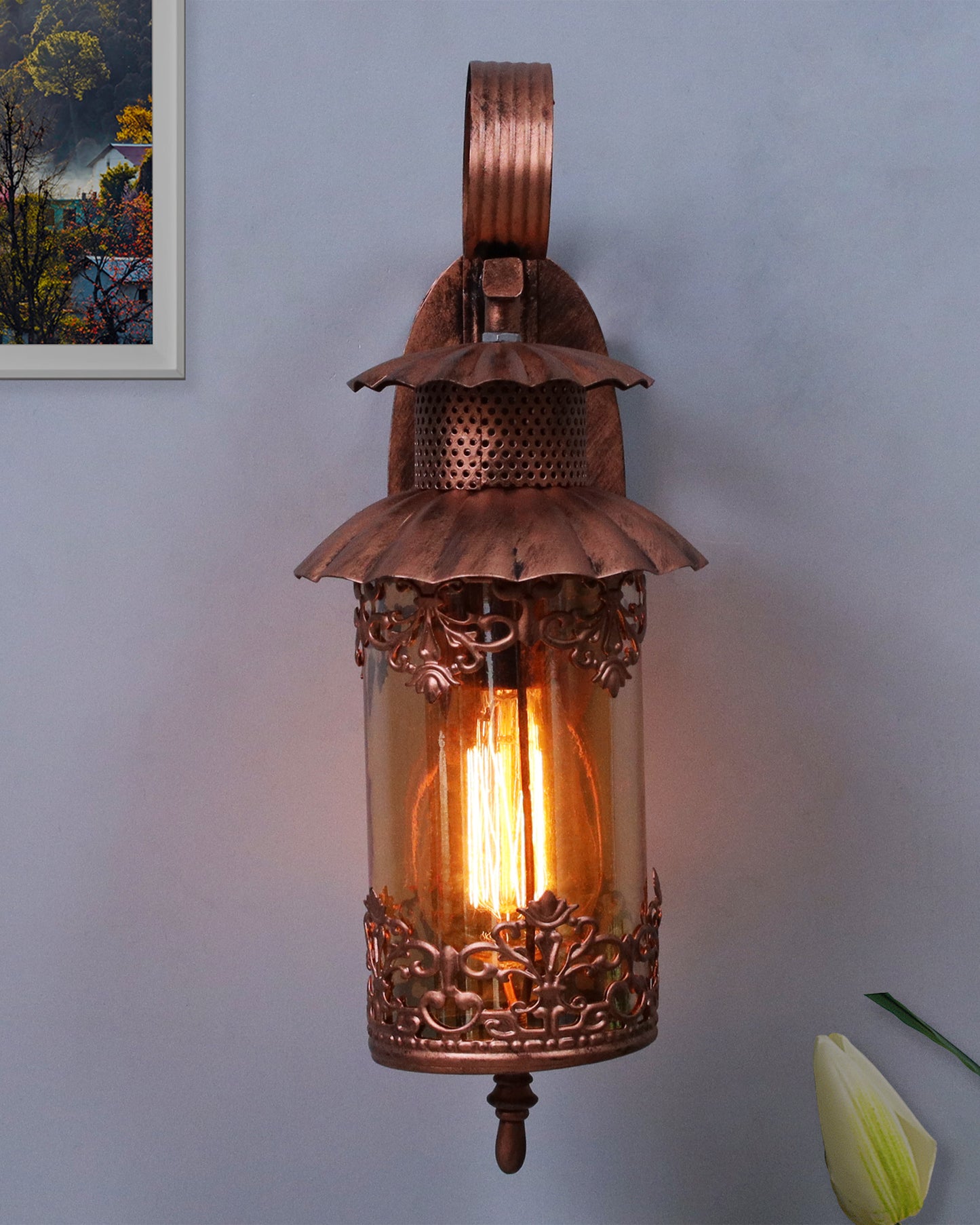 Rustic Wall Light Fixtures, Oil Rubbed Rust Finish Indoor Vintage Wall Sconce Industrial Lamp Fixture Glass Shade Farmhouse Metal Sconces for Bedroom Living Room Cafe, Wall Filgree Cylinder