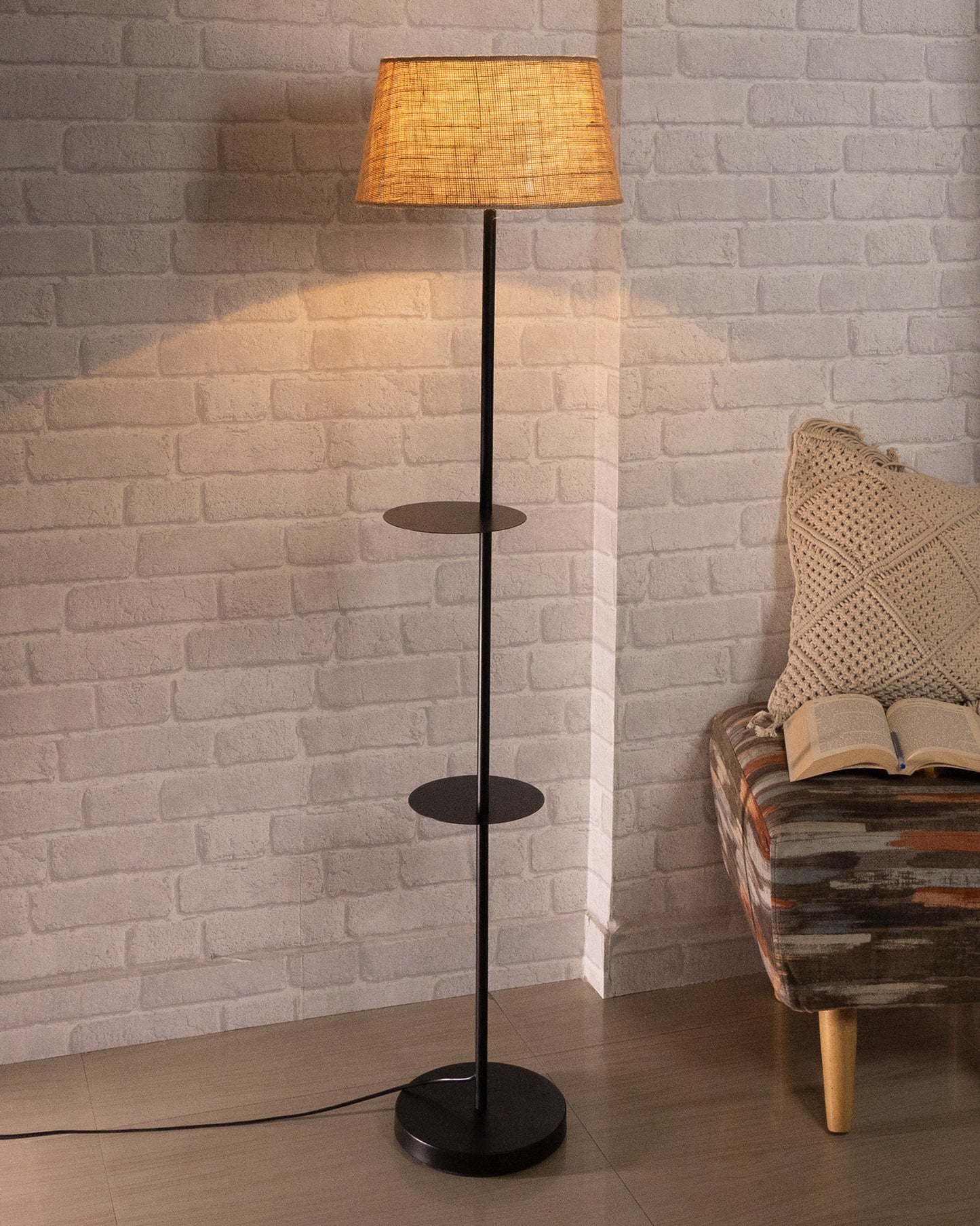 Contemporary Duo Shelf Metal Floor Lamp, Bedside Living room Office Home Decor Lamp, Black