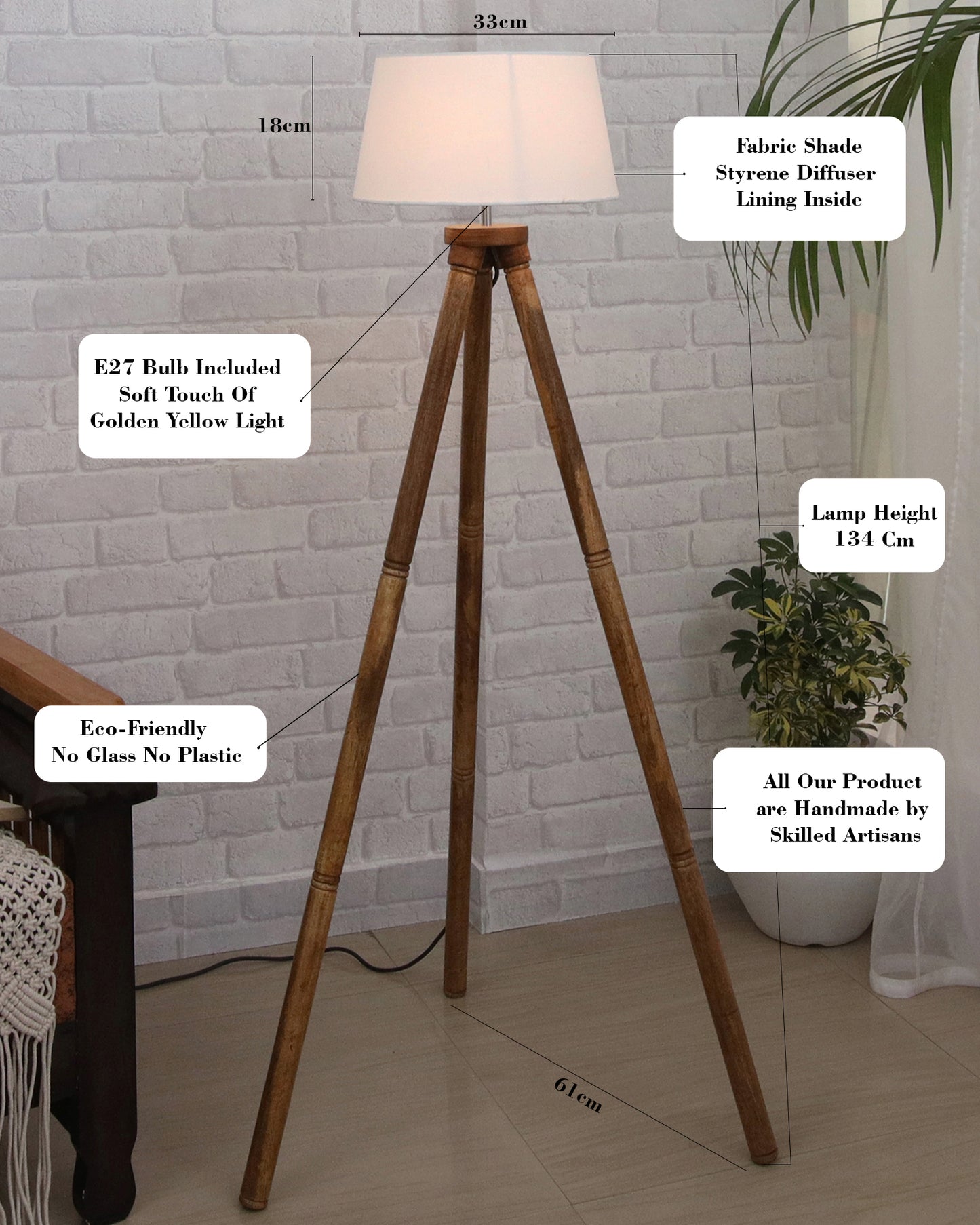 Wood Tripod Floor Lamp, Mid Century Standing Lamp, E27 Lamp Base, With shade Modern Design Floor Reading Lamp for Living Room Bedroom, Study Room and Office