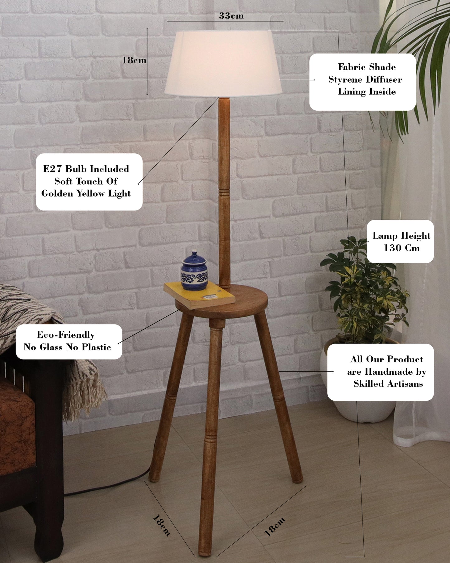 Table,Tripod Wooden Floor Lamp, Mid Century Standing Lamp, E27 Lamp Base, With Shade Modern Design Floor Reading Lamp for Living Room Bedroom, Study Room and Office