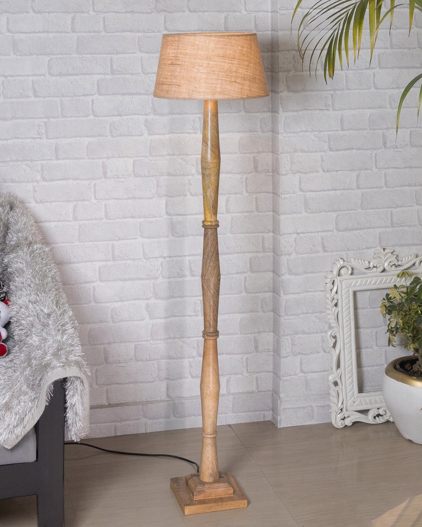 Wood Antique Candlestick Fabric Drum Shade Decor for Living Room Reading House Bedroom Home, Natural Diamond