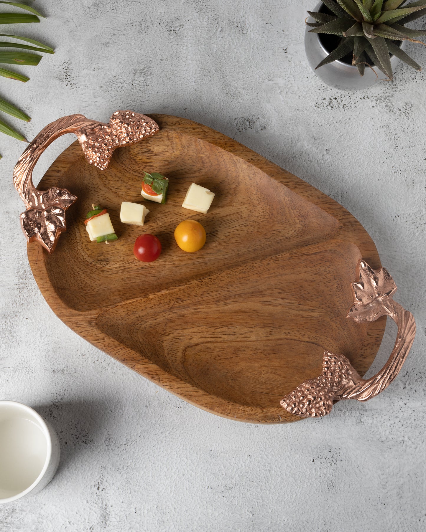 Natural Wooden Oval compartment tray with leaf handle, serving tray, snacks and fruits