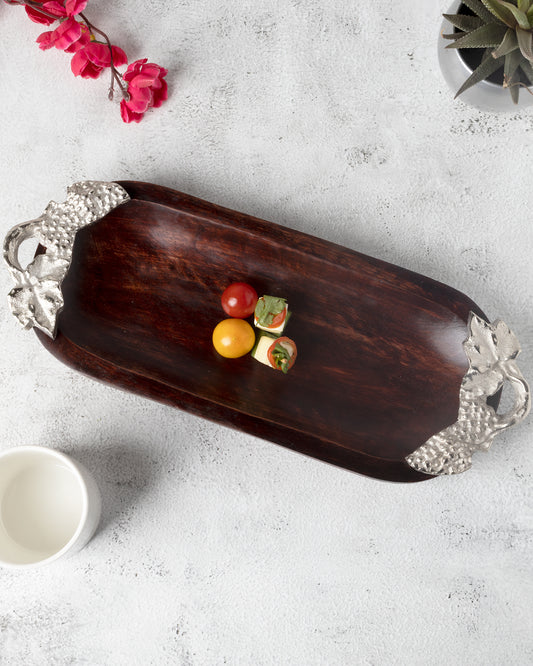 Walnut Wooden small oval tray with leaf handle, serving tray, snacks and fruits